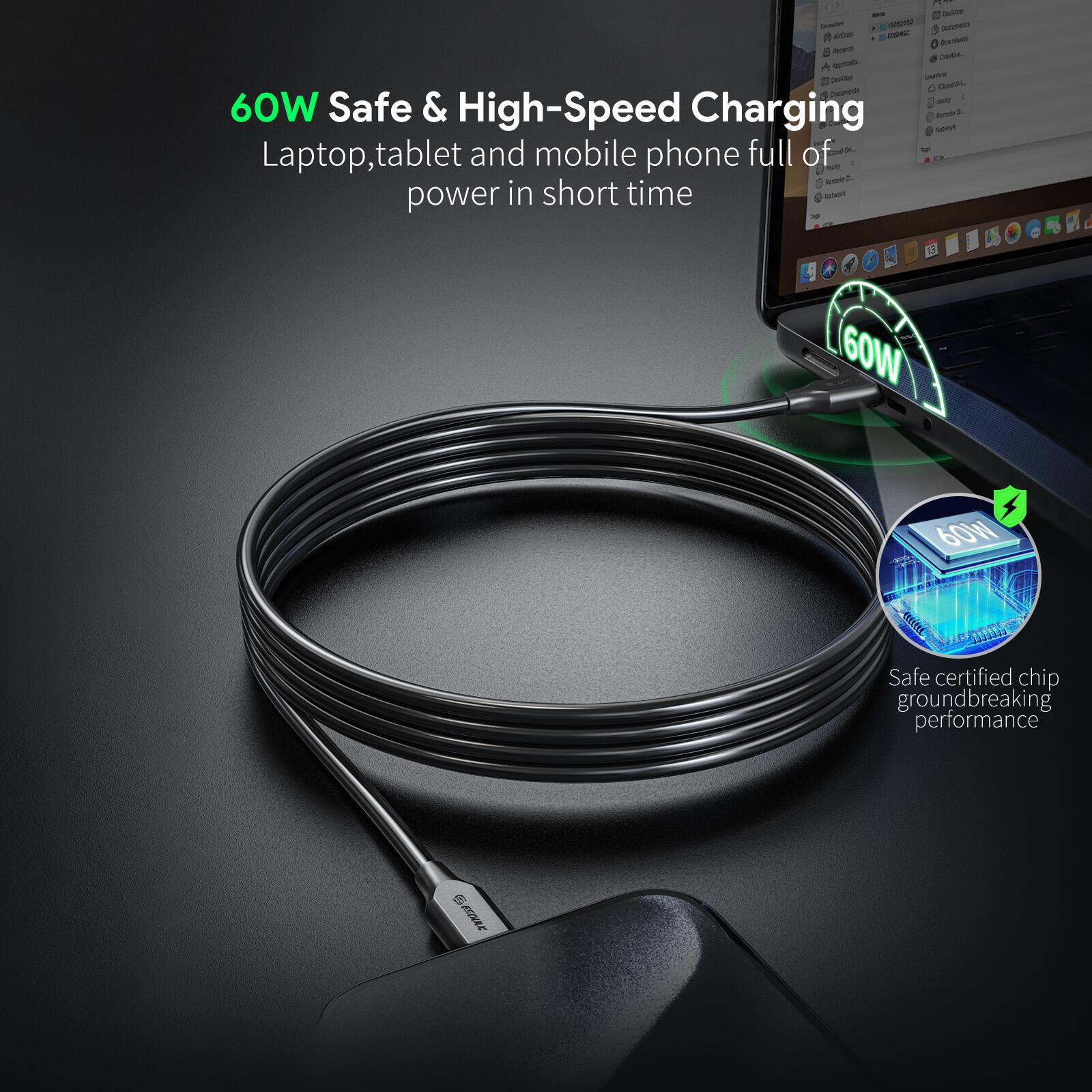 60W Safe & High-Speed Charging  
Laptop, tablet and mobile phone full of power in short time  

Safe certified chip groundbreaking performance