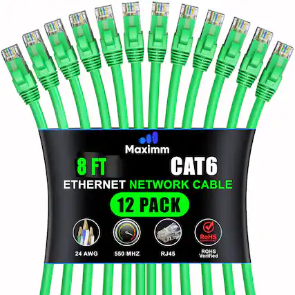 Maximm 8 FT CAT6 ETHERNET NETWORK CABLE 12 PACK
RoHS COMPLIANT
24 AWG
550 MHZ
RJ45
RoHS Verified