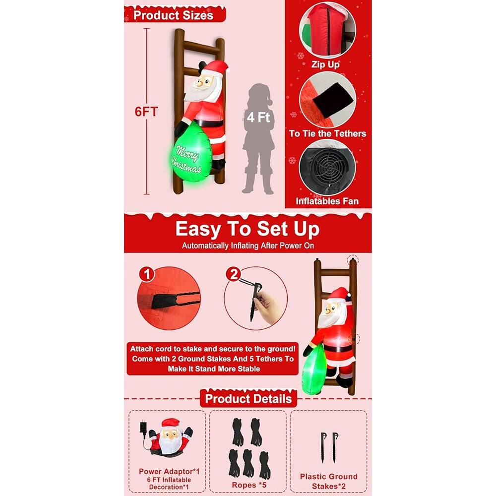Product Sizes  
6FT  
4 Ft  

Easy To Set Up  
Automatically Inflating After Power On  

1. Attach cord to stake and secure to the ground!  
   Come with 2 Ground Stakes And 5 Tethers To Make It Stand More Stable  

Product Details  
Power Adaptor*1  
6 FT Inflatable Decoration*1  
Ropes *5  
Plastic Ground Stakes*2  

Zip Up  
To Tie the Tethers  
Inflatables Fan