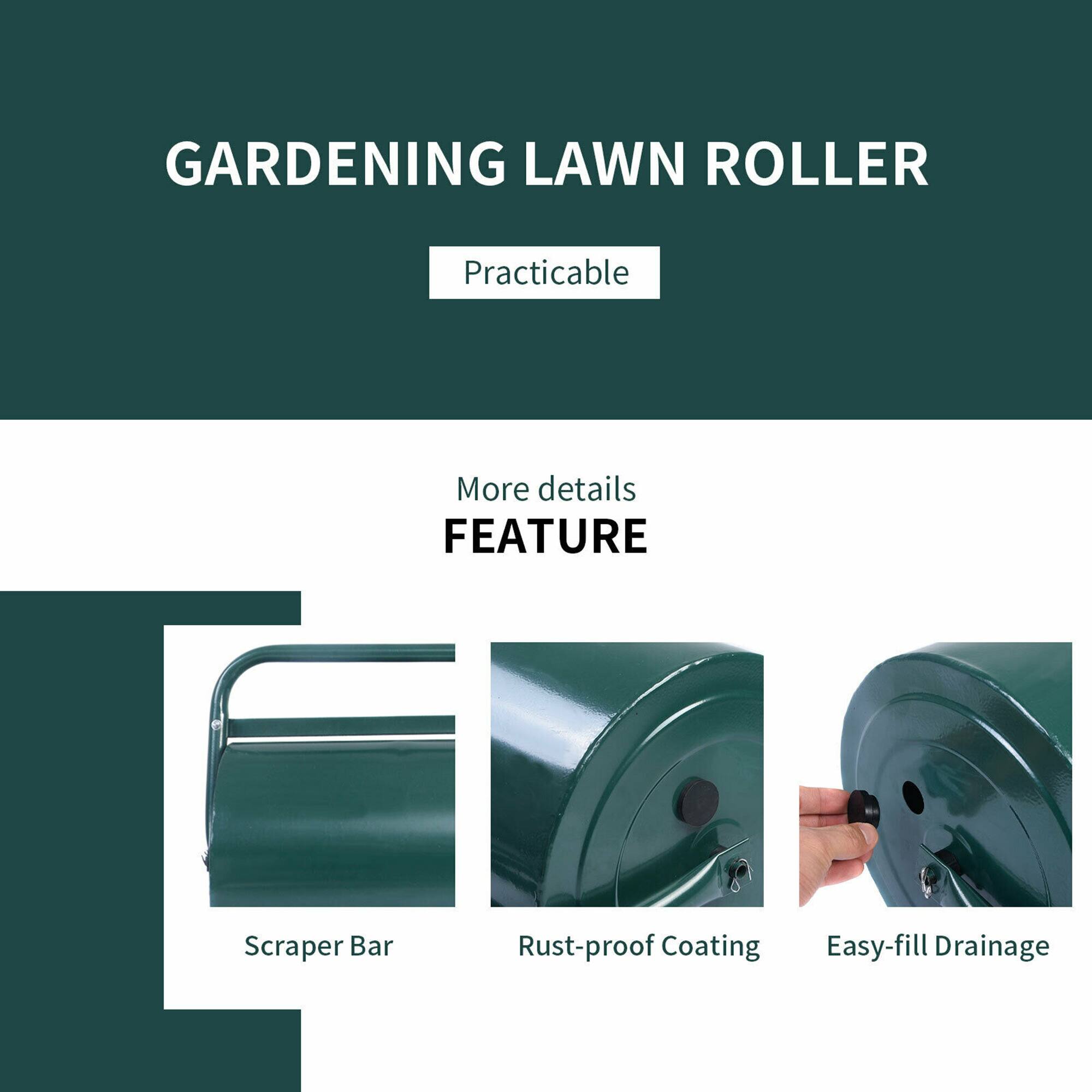 GARDENING LAWN ROLLER  
Practicable  

More details  
FEATURE  
Scraper Bar  
Rust-proof Coating  
Easy-fill Drainage