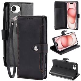Dteck - Wallet Case for Apple iPhone 17e/16e Crossbody Premium Leather Kickstand Zipper Card Slot Cover With Strap+Lanyard - Black