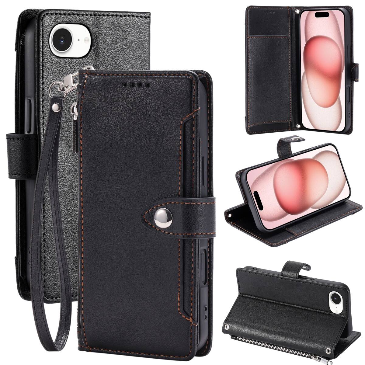 Front. Dteck - Wallet Case for Apple iPhone 17e/16e Crossbody Premium Leather Kickstand Zipper Card Slot Cover With Strap+Lanyard - Black.