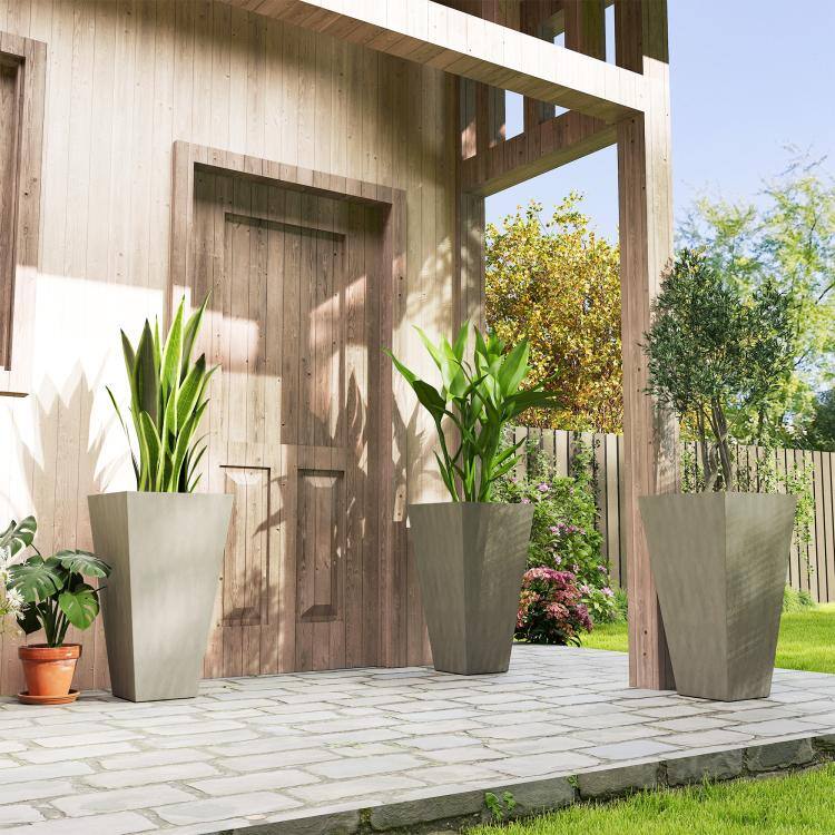 Alt View 2. PULUZ - Tall Planters for Outdoor Plants Set of 3, 28 In Taper Planters with Drainage Holes, Indoor Grande Plant Pots - Grey.