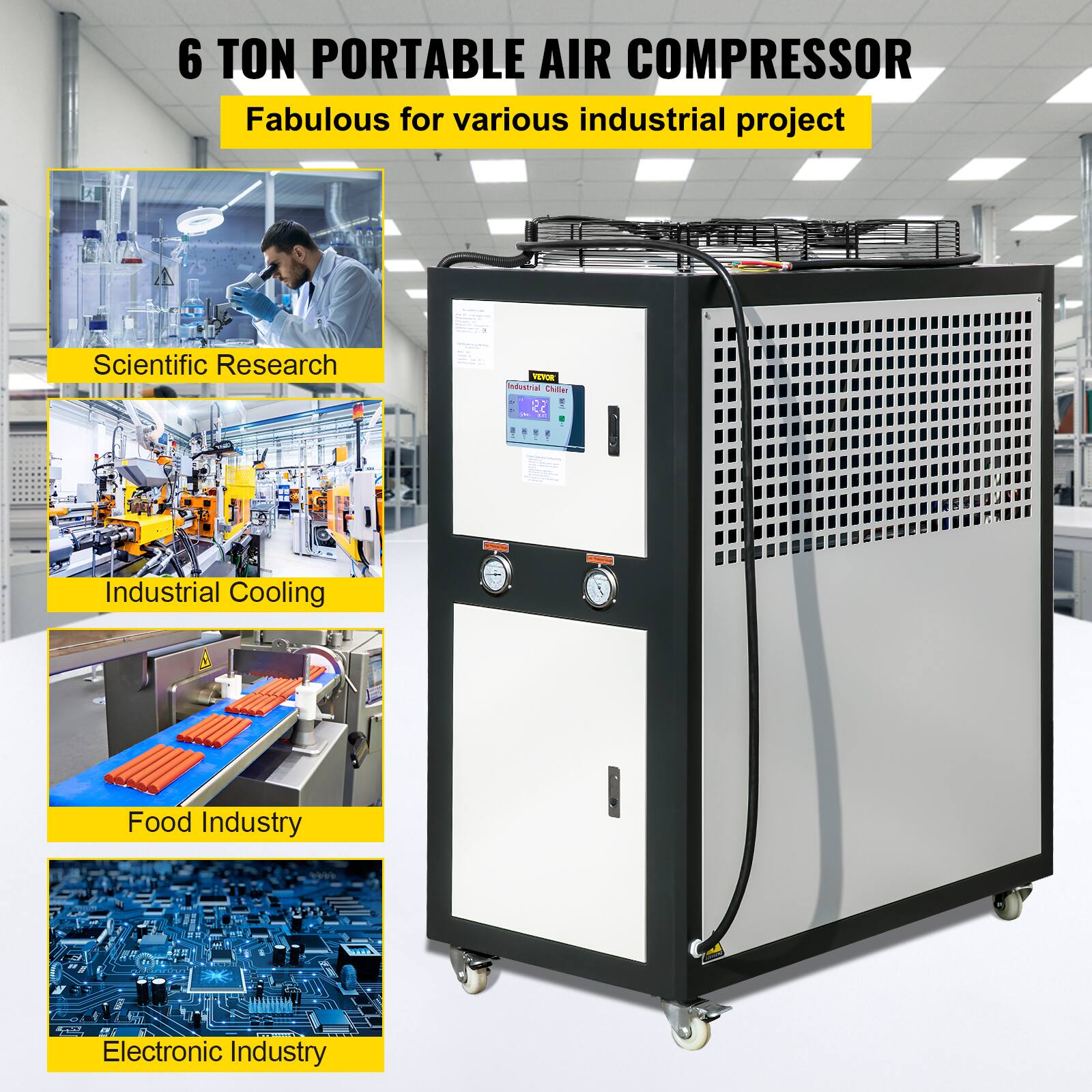 6 TON PORTABLE AIR COMPRESSOR  
Fabulous for various industrial projects  

Scientific Research  
Industrial Cooling  
Food Industry  
Electronic Industry