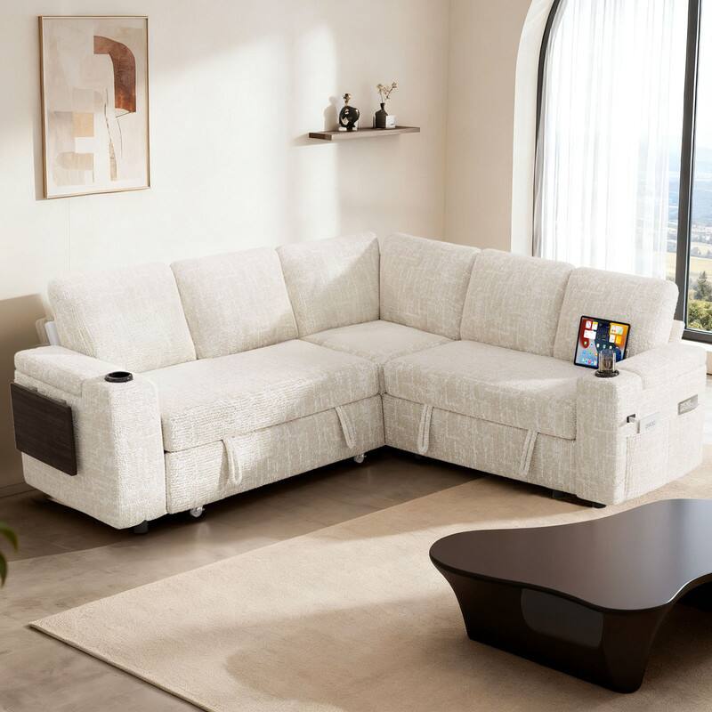 Left. Dyonery - 85" Modular Sectional Sofa with Pull Out Bed,Chenille Fabric 5 Seat Sectional Sofa with Storage,for Living Room - Beige.