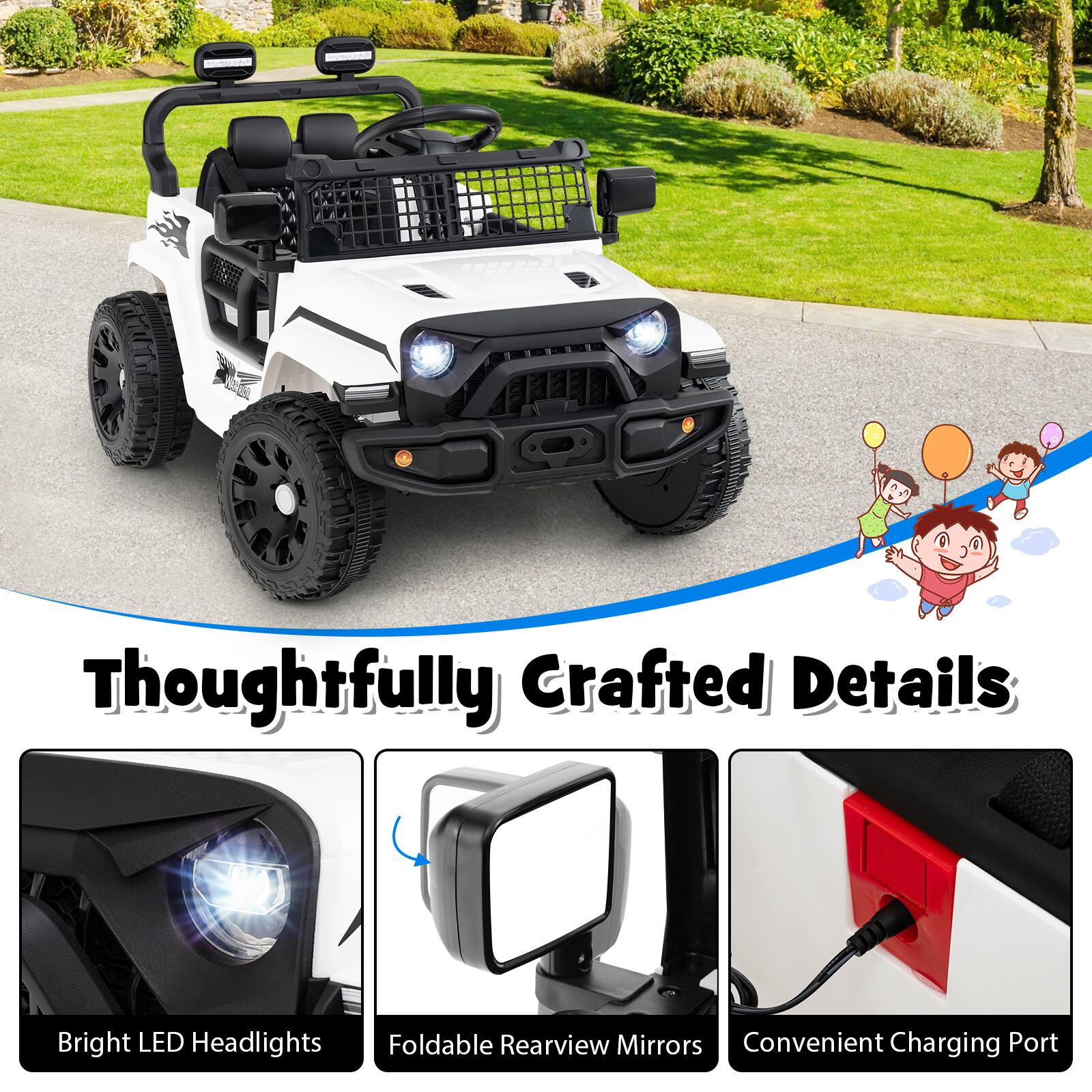 Thoughtfully Crafted Details

- Bright LED Headlights
- Foldable Rearview Mirrors
- Convenient Charging Port