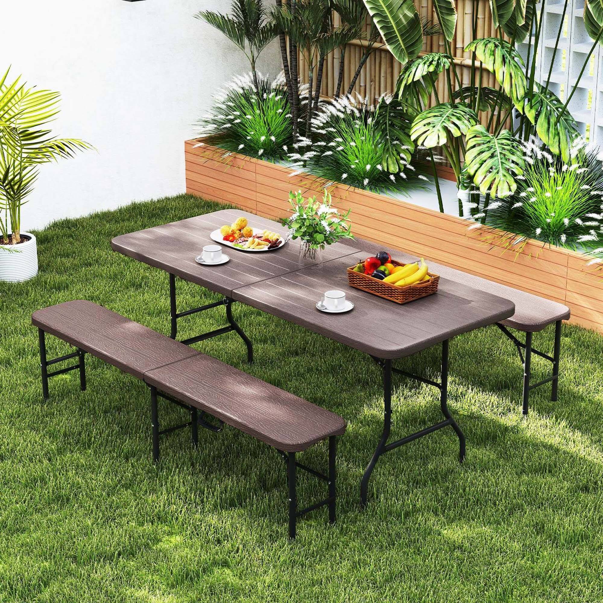 Alt View 5. Costway - Costway 3 PCS Folding Picnic Table Set with 6 ft Table & 2 Benches HDPE Wood-Like Tabletop - Brown.