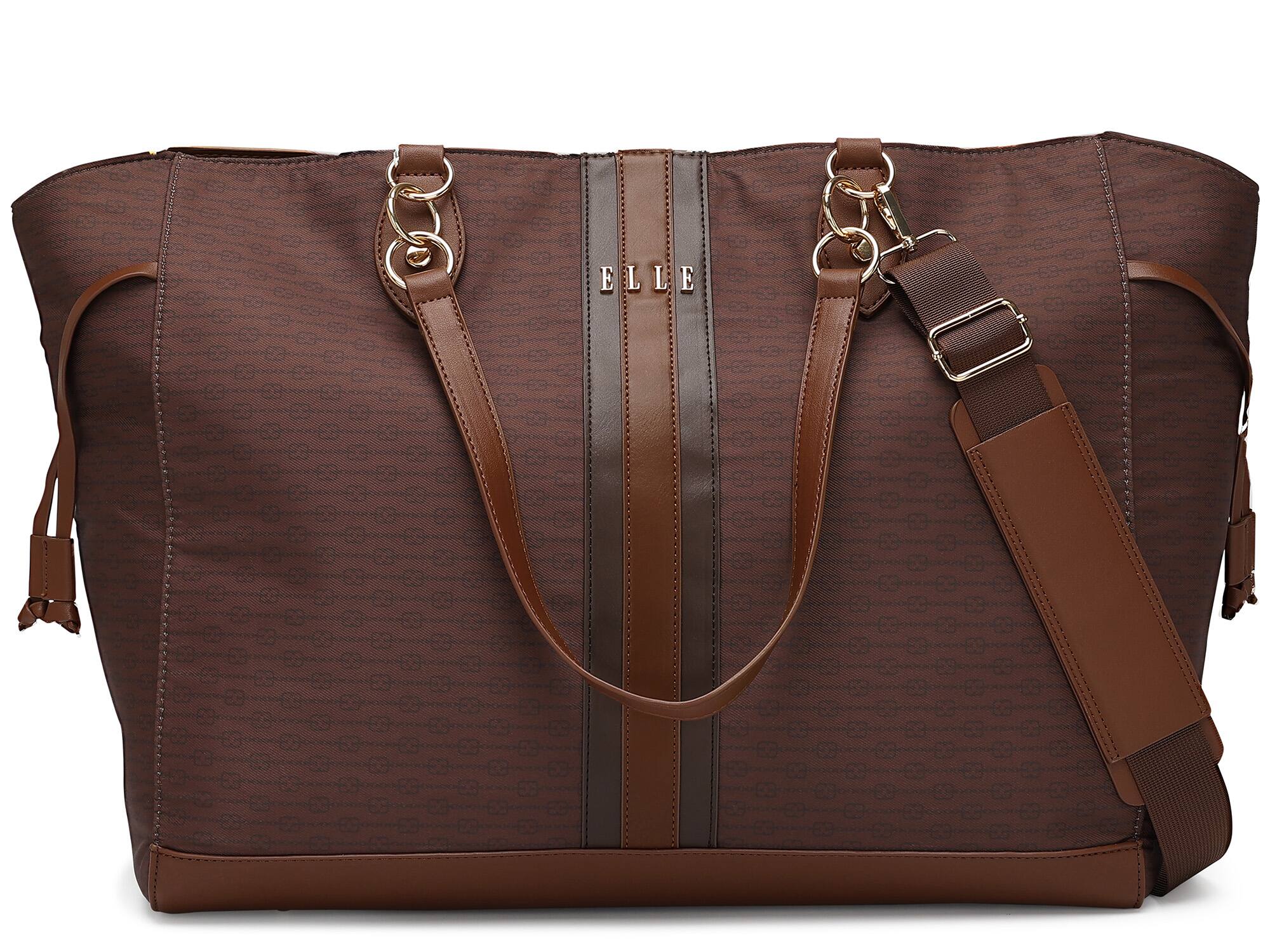 Front. Elle - ELLE Eleganza 32L Monogram Weekender Tote Bag | Brown - Brown.