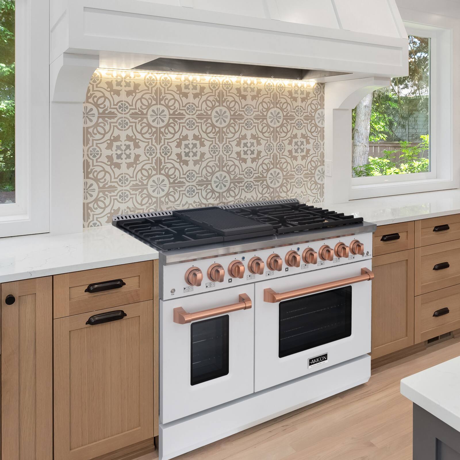Alt View 8. Akicon - Akicon 6.7 Cu.ft Slide-in Freestanding Gas Convection Range with 6 Burners and Cast Iron Grates in White&Copper - White&Copper.