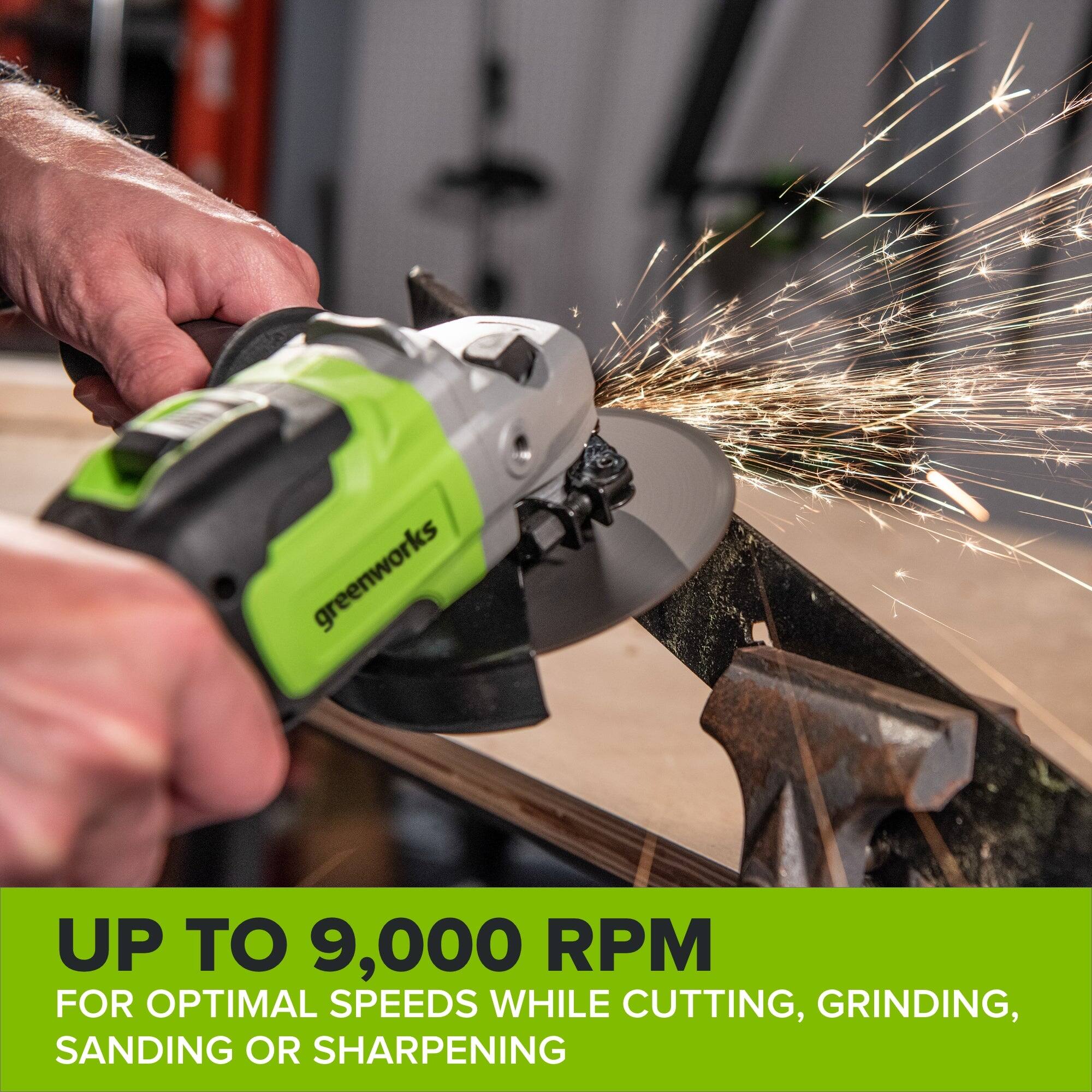 greenworks  
UP TO 9,000 RPM FOR OPTIMAL SPEEDS WHILE CUTTING, GRINDING, SANDING OR SHARPENING