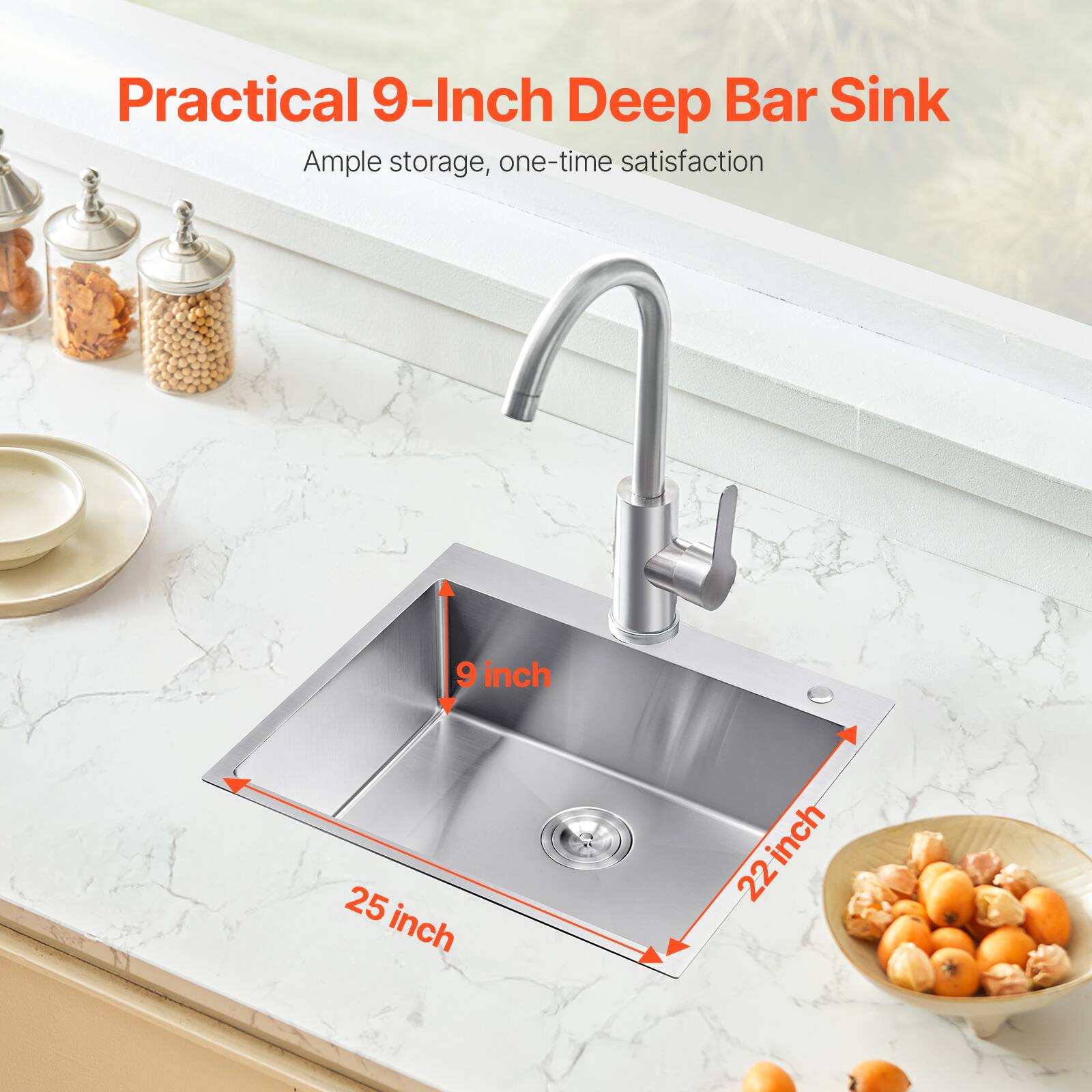 Practical 9-Inch Deep Bar Sink, Ample storage, one-time satisfaction, 9 inch, 25 inch, 22 inch.