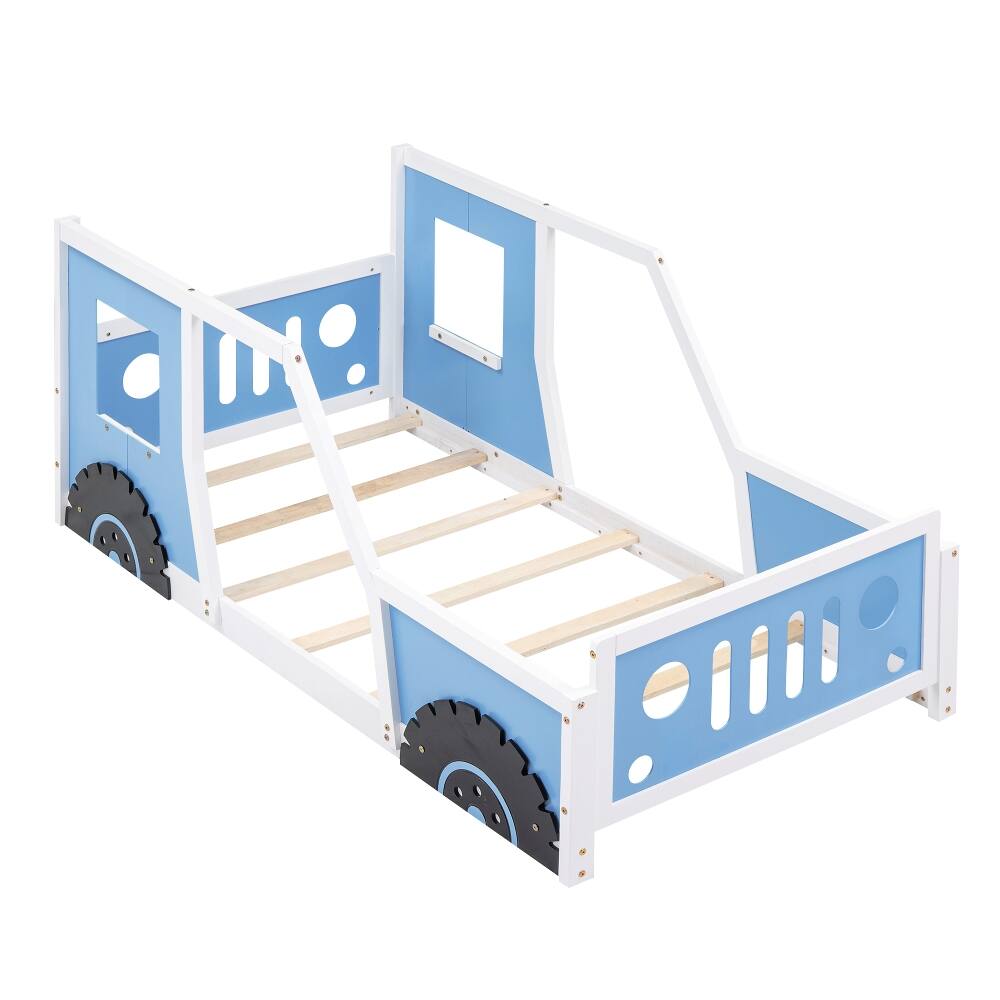 Alt View 8. Loheer - Loheer Twin Size Classic Car Shaped Platform Bed with Wheels, Blue Kids Wooden Bed Frame - Blue.