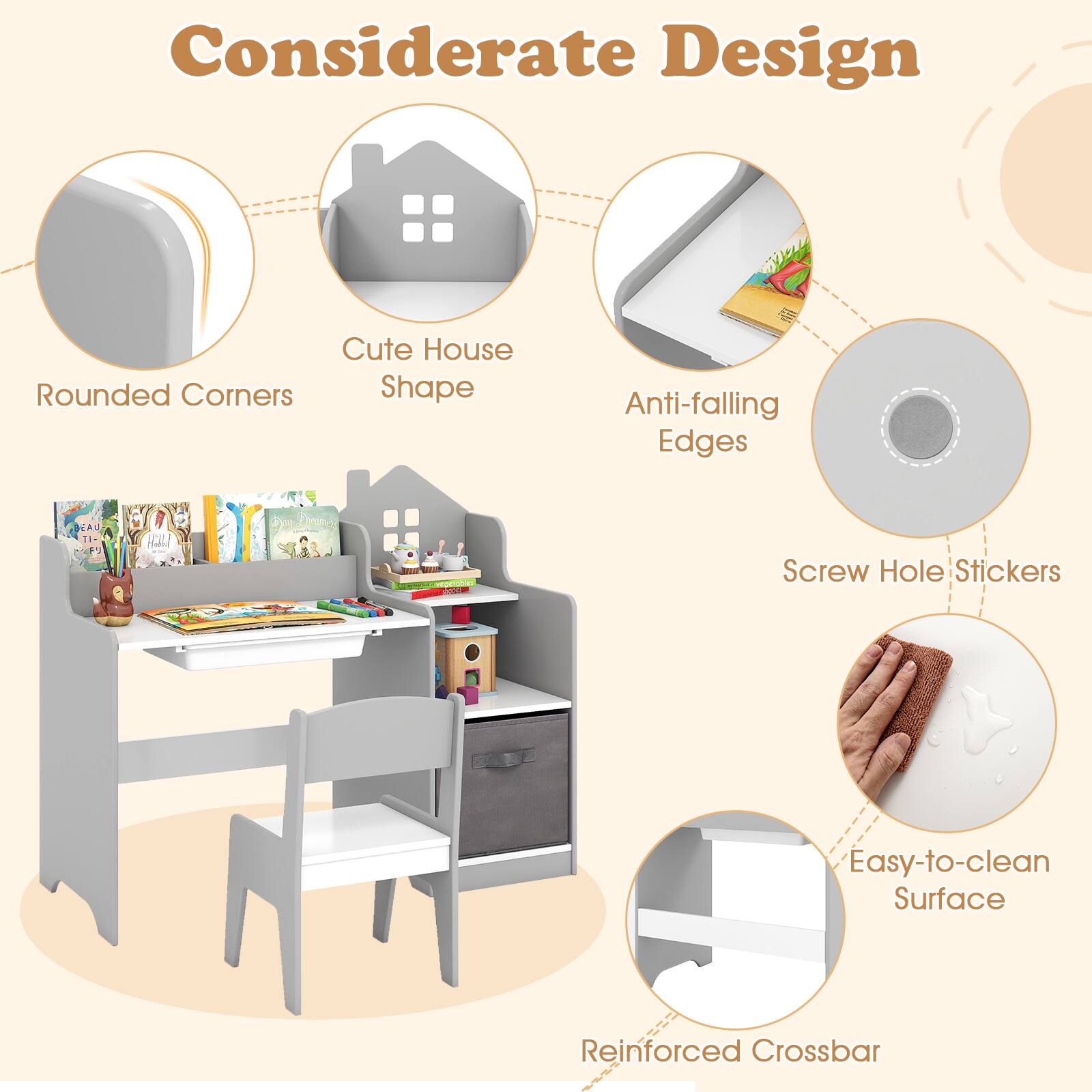 Considerate Design  
- Rounded Corners  
- Cute House Shape  
- Anti-falling Edges  
- Screw Hole Stickers  
- Easy-to-clean Surface  
- Reinforced Crossbar