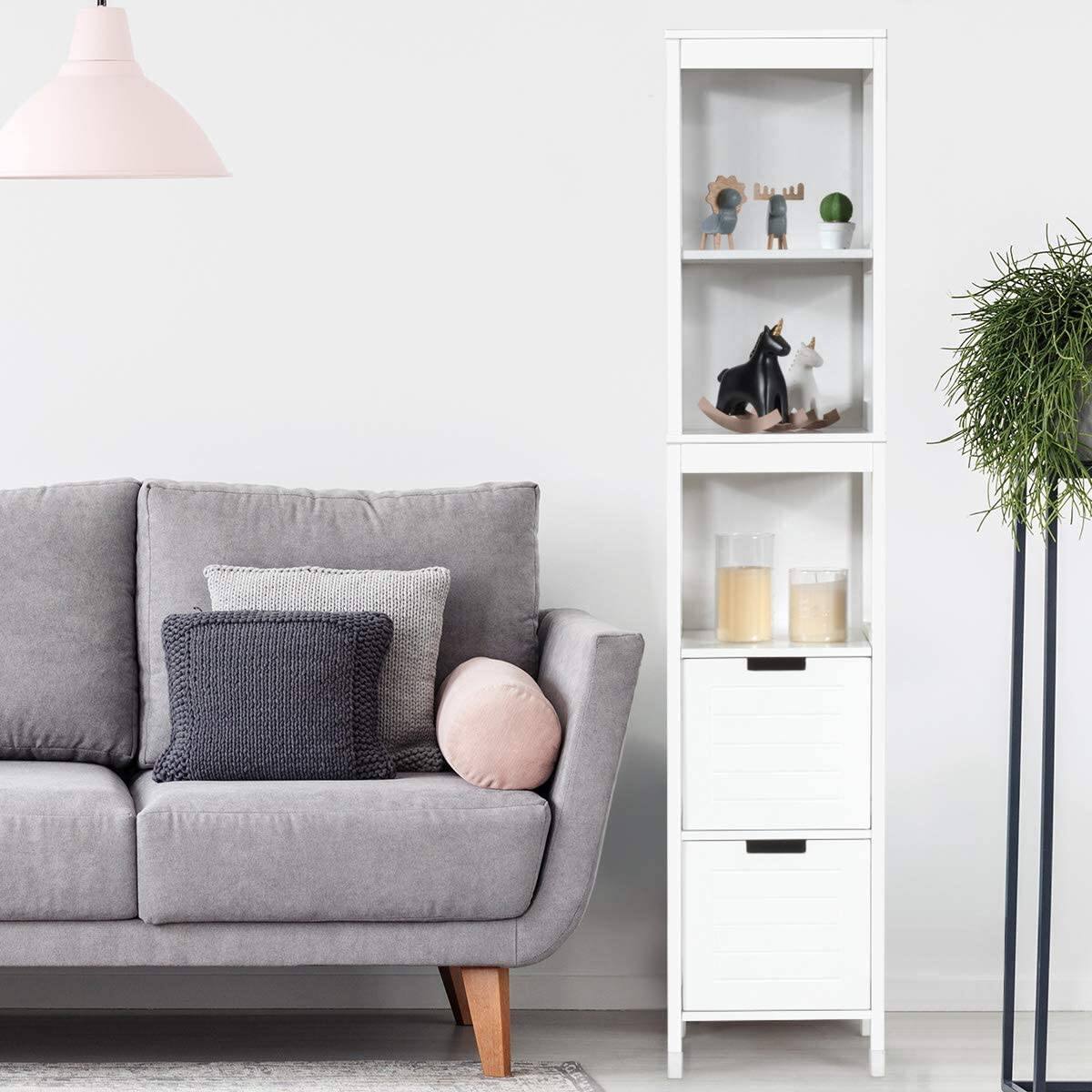 Left. Hivvago - Bathroom Cabinet Tower with 2 Storage Drawers and 3 Shelves in White Wood Finish - White.