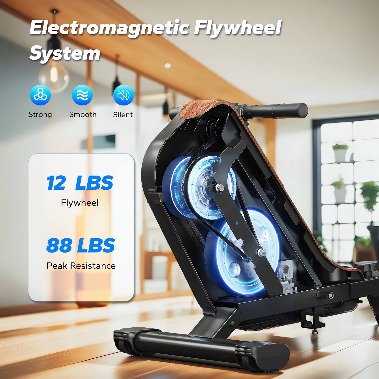 Electromagnetic Flywheel System  
Strong, Smooth, Silent  
12 LBS Flywheel  
88 LBS Peak Resistance