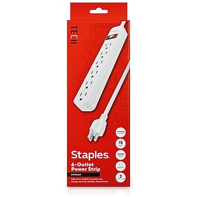 TECH

Staples
6-Outlet Power Strip
3N Card

15 Amps
3 USB Ports
3 Add-ons to charge of