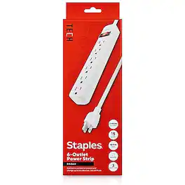 Staples TECH - 6-Outlet Power Strip, 3' Cord, 3/Pack (42319) - White