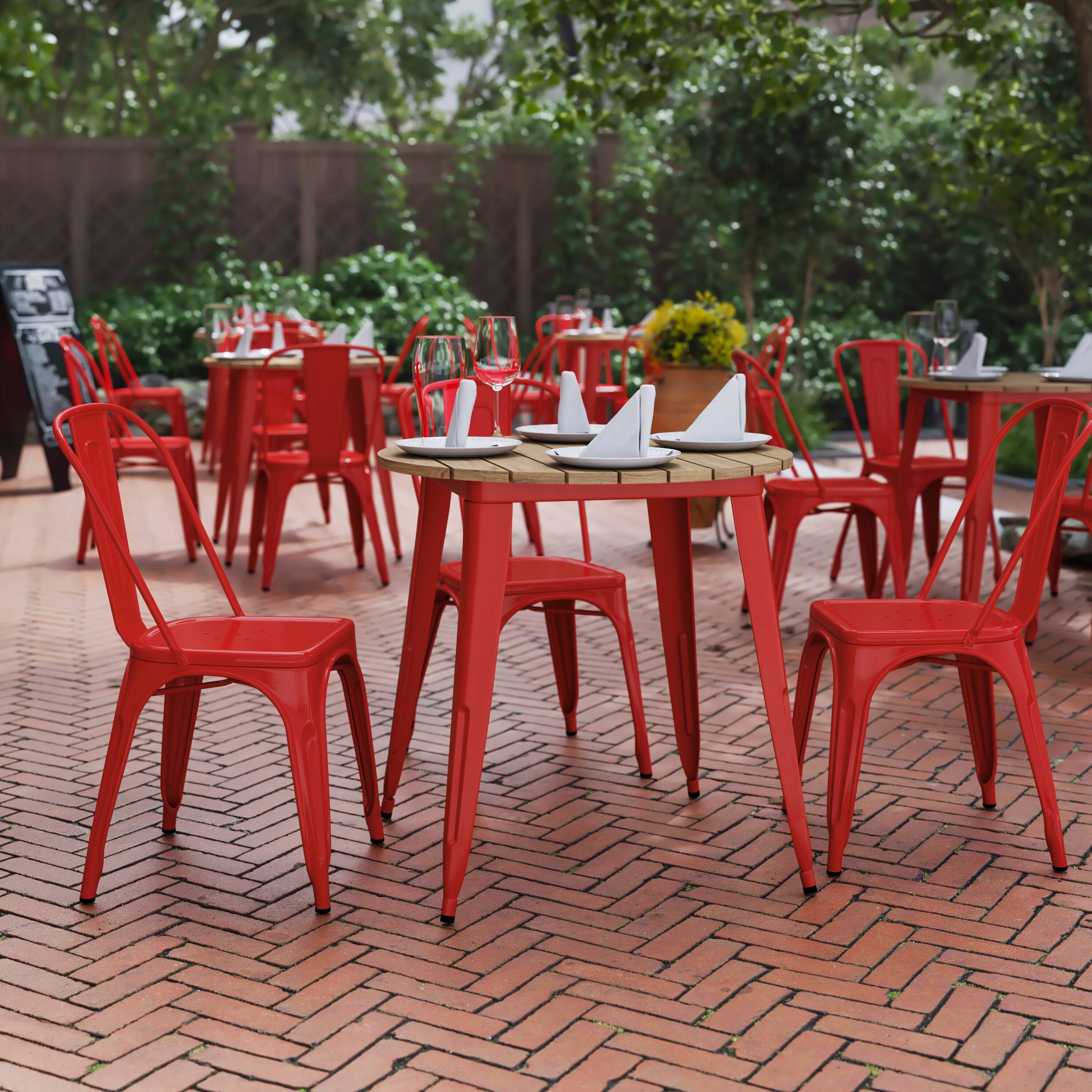 Alt View 1. Flash Furniture - Declan Commercial Grade Indoor/Outdoor Dining Table, 30" Round All Weather Brown Poly Resin Top with Red Steel Base - Red.
