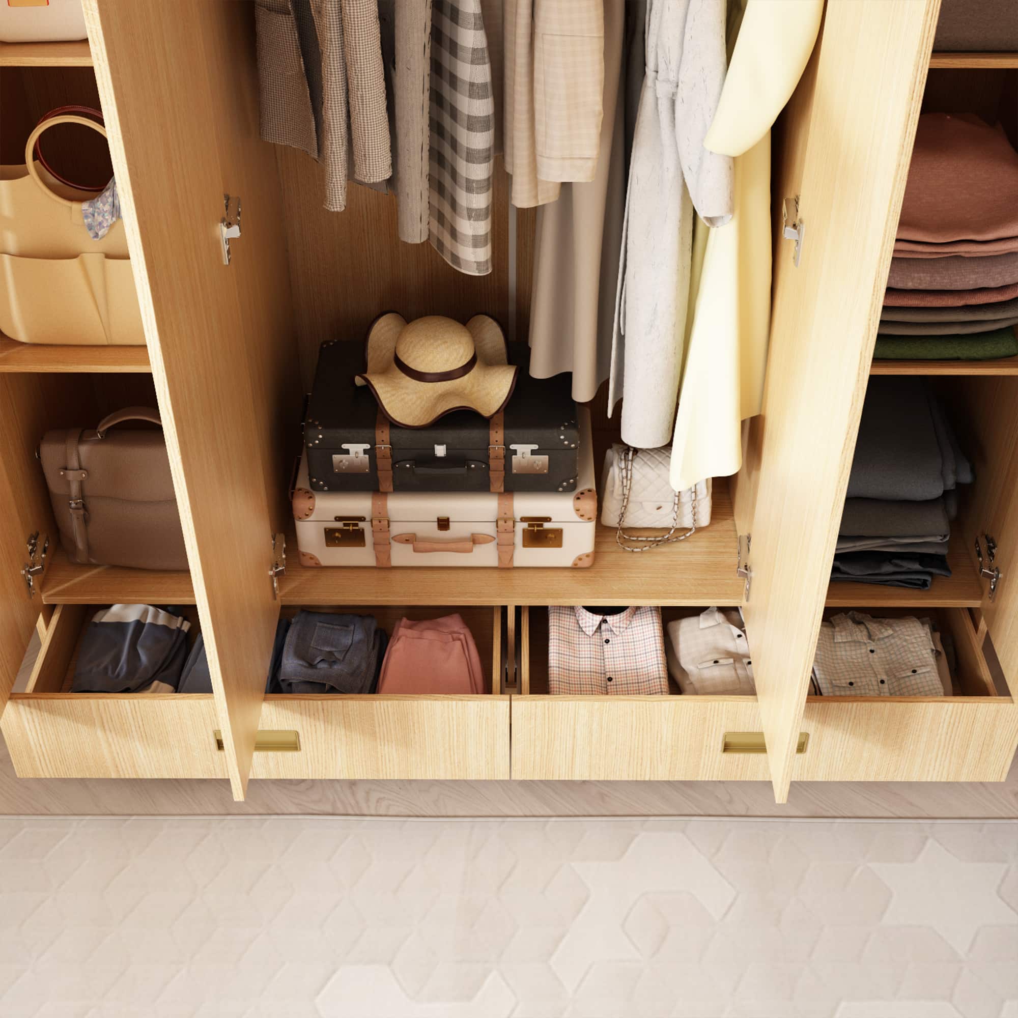FUFU & GAGA Wood Grain Wardrobe Closet with 4 Doors and 2 Drawers