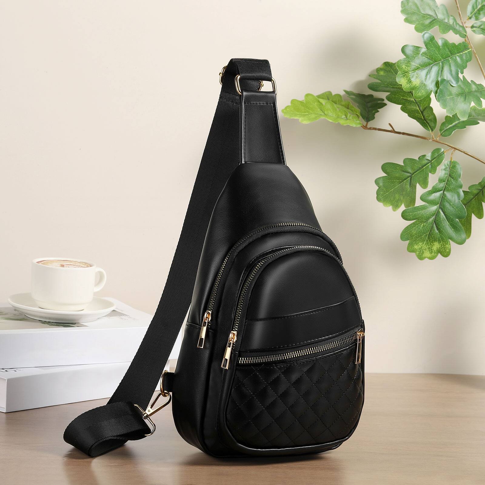 Alt View 5. Unique Bargains - Crossbody Bags for Women Men Leather Sling Bag Cross Body Backpack for Women Casual Chest Bag Daypack for Travel Hiking - Black.