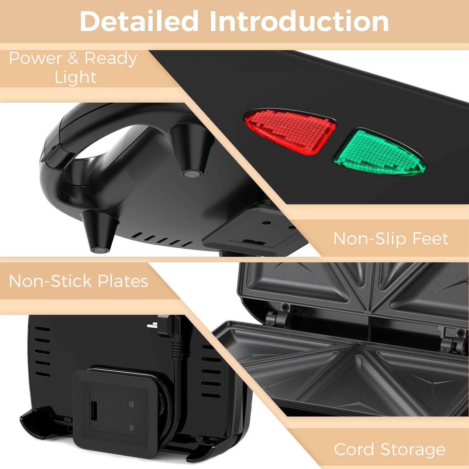 Detailed Introduction

- Power & Ready Light
- Non-Slip Feet
- Non-Stick Plates
- Cord Storage