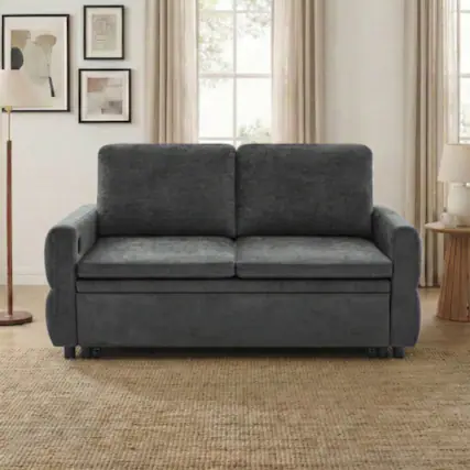 Front. LUCKY ONE - 62.75" Convertible Sleeper Sofa Loveseat w/ Adjustable Backrest Dual USB Ports - Grey.