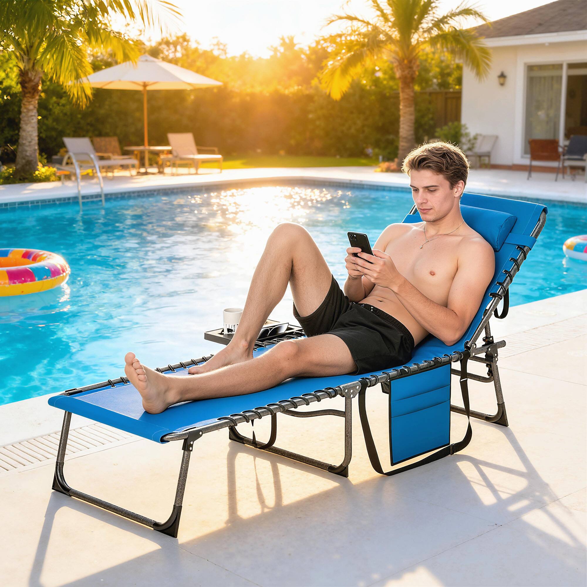 Alt View 1. Outsunny - Outdoor Chaise Lounge Chair Tanning Chair with 5-Level Adjustable Back, Side Table, Pillow - Blue.