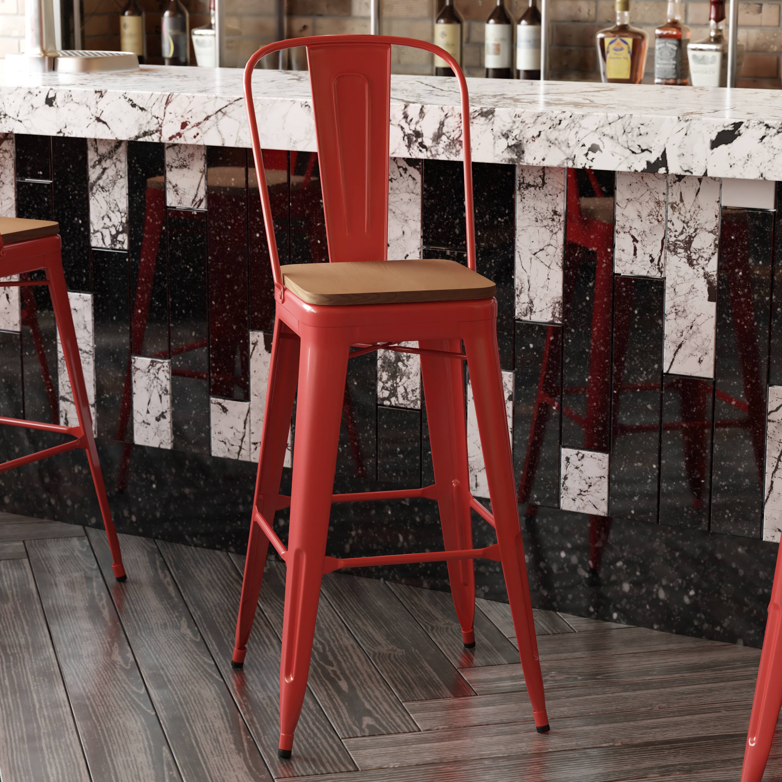 Alt View 4. Emma + Oliver - Kam Metal Indoor-Outdoor Stool with Removable Back and All-Weather Polystyrene Seat - Teak Seat/Red Frame.