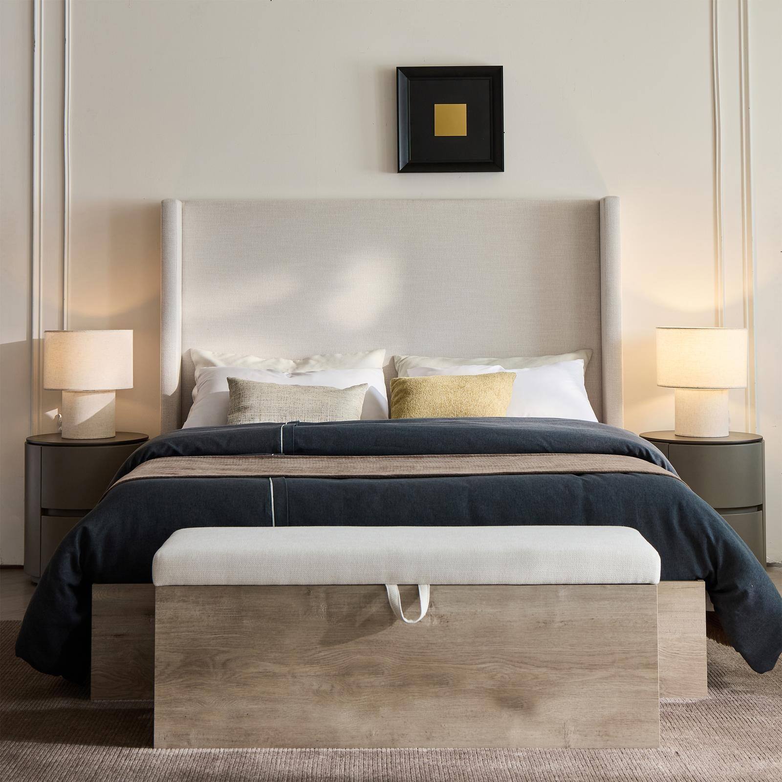 Alt View 1. Spaco - Spaco Queen Size Bed, Upholstered Wingback Bed, 54 Inch Headboard, Ivory Chenille, Modern Farmhouse Design for Bedroom - Grey+Oak.