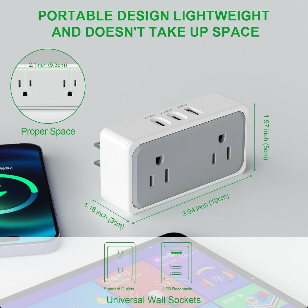 PORTABLE DESIGN LIGHTWEIGHT AND DOESN'T TAKE UP SPACE

- 2.1 inch (5.3 cm) Proper Space
- 1.97 inch (5 cm)
- 1.18 inch (3 cm)
- 3.94 inch (10 cm)

Standard Outlets USB Receptacle

Universal Wall Sockets