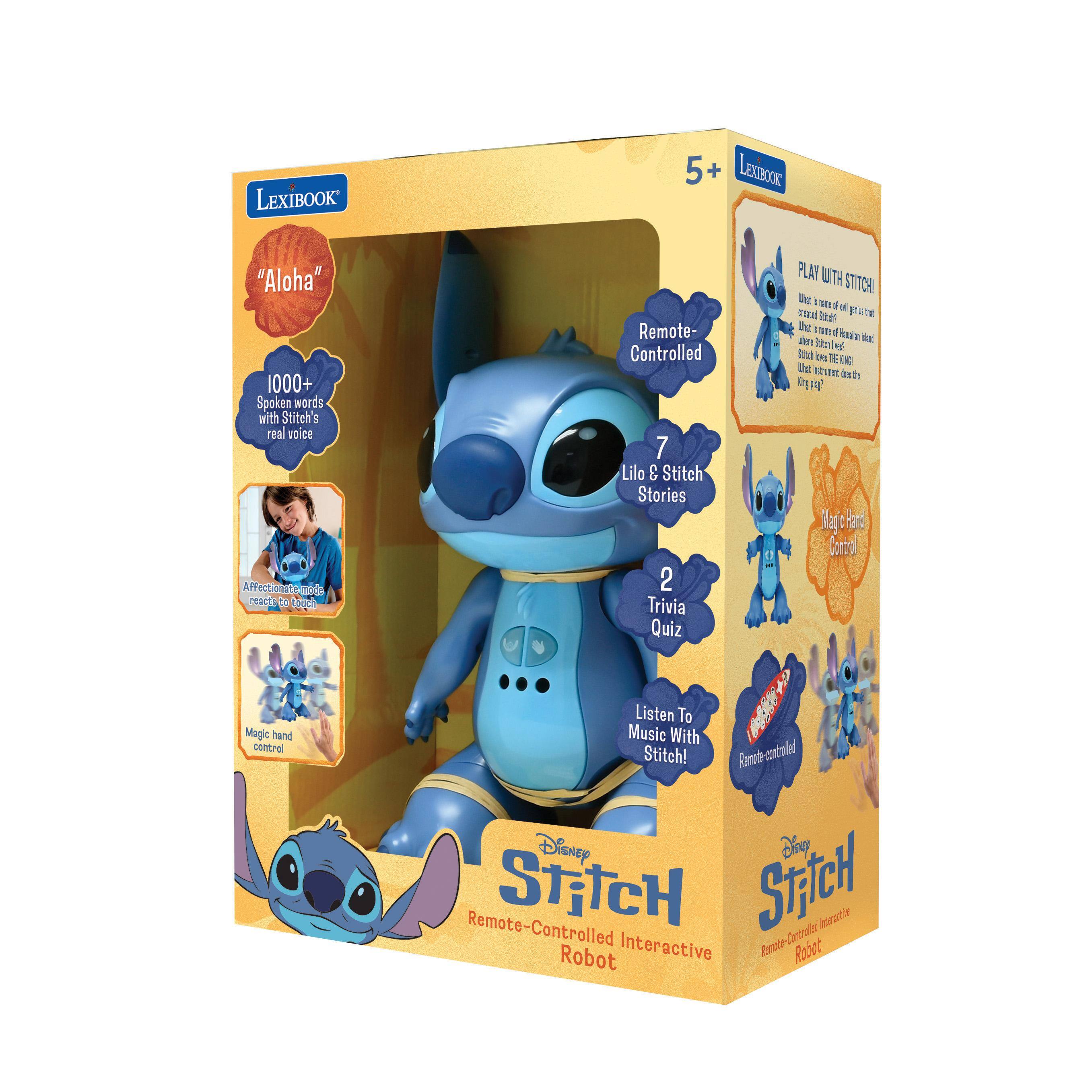LEXIBOOK  
5+ LEXIBOOK  
"Aloha" 1000+ Spoken words with Stitch's real voice  
Affectionate mode reacts to touch  
Remote-Controlled  
7 Lilo & Stitch Stories  
2 Trivia Quiz  
PLAY WITH STITCH!  
Magic hand control  
Listen To Music With Stitch!  
Remote-Controlled  
Disney Lilo & Stitch Interactive Robot