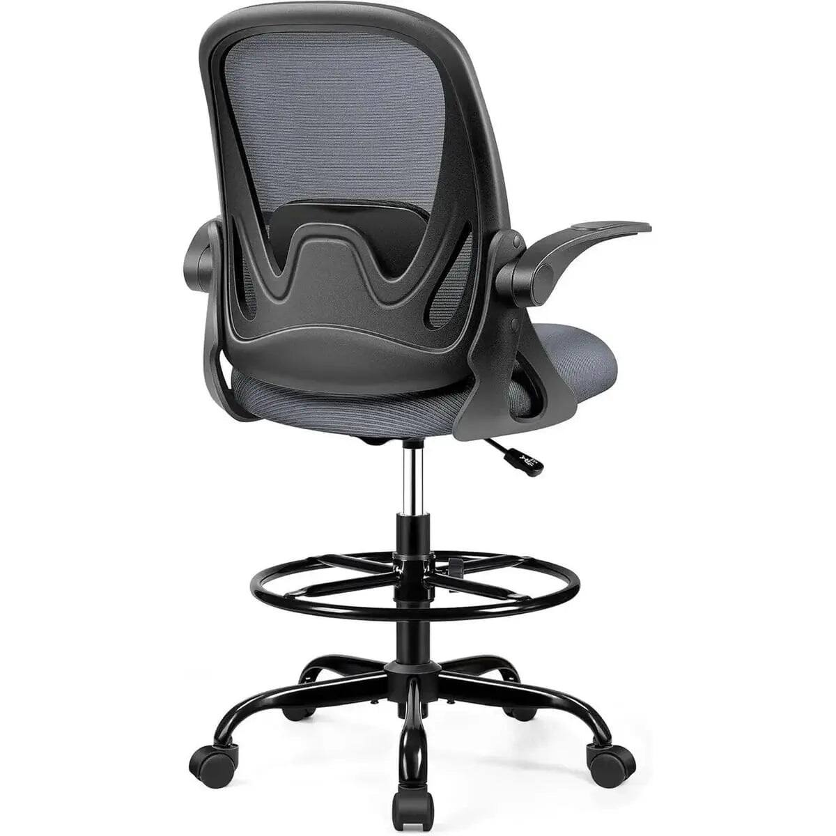 Back. ADS - Primy Ergonomic Drafting Chair for Standing Desks & Bar Counters - Adjustable Height, Flip-Up Arms for All-Day Comfort - White.