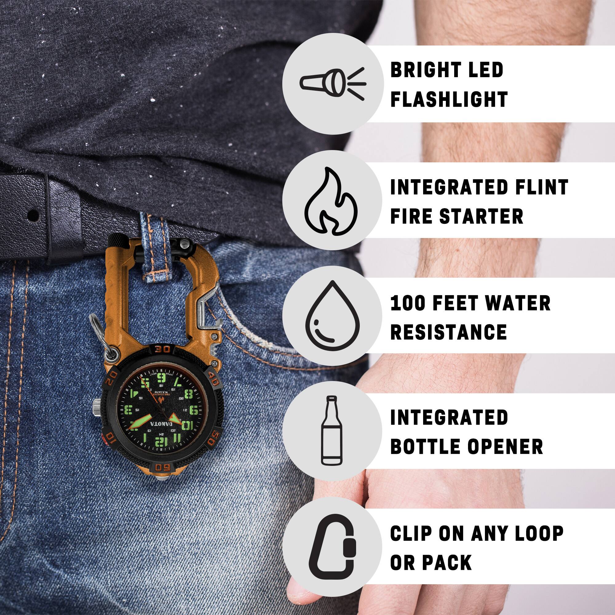 BRIGHT LED FLASHLIGHT  
INTEGRATED FLINT FIRE STARTER  
100 FEET WATER RESISTANCE  
INTEGRATED BOTTLE OPENER  
CLIP ON ANY LOOP OR PACK