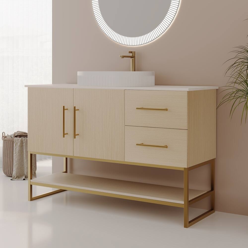 Alt View 2. Loheer - Loheer 36 inch modern bathroom vanity with ceramic vessel sink and gold accent freestanding cabinet - American White Oak.
