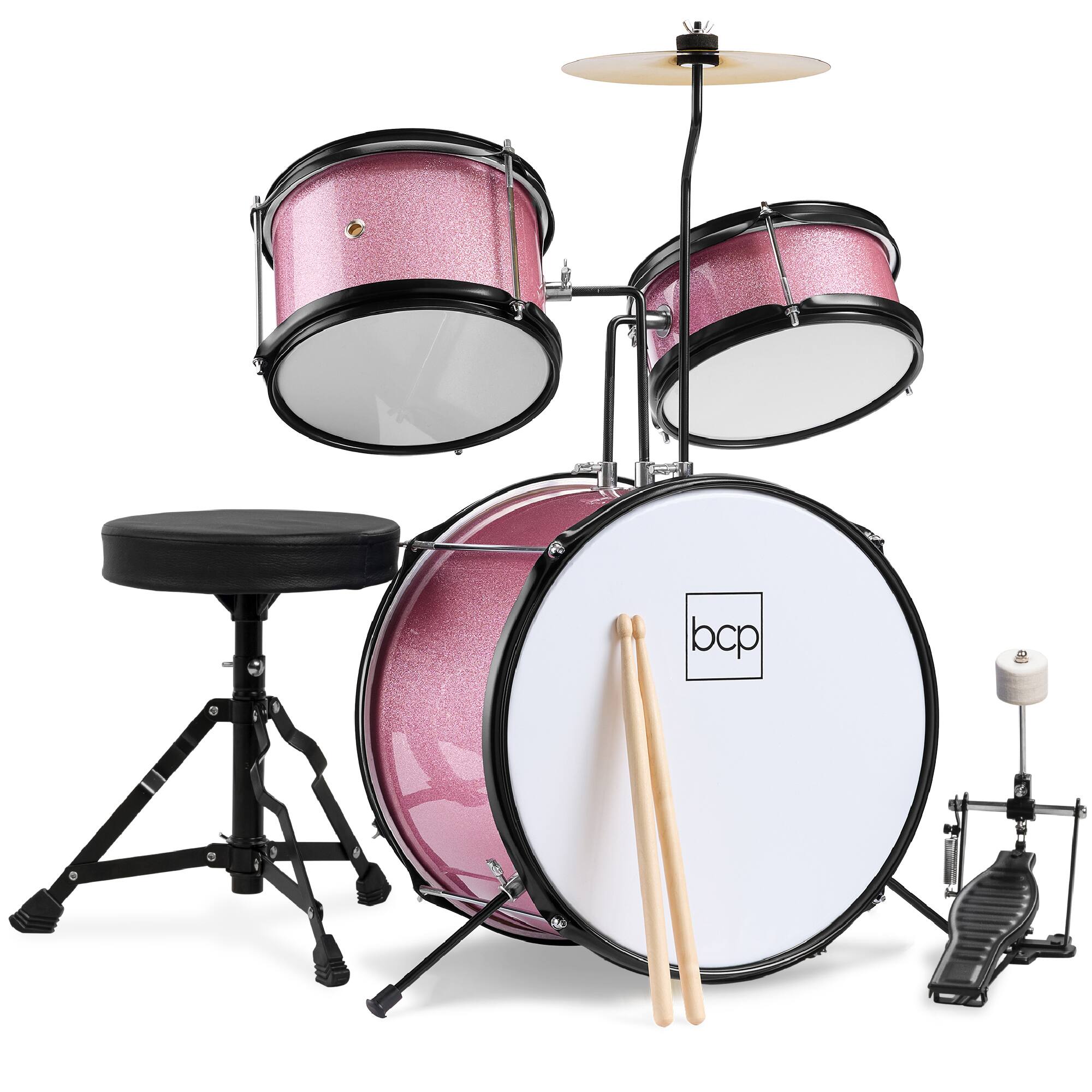 Front. Best Choice Products - Kids Beginner 3-Piece Drum, Musical Instrument Set w/ Sticks, Stool, Pedal - Pink Sparkle.