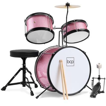 Front. Best Choice Products - Kids Beginner 3-Piece Drum, Musical Instrument Set w/ Sticks, Stool, Pedal - Pink Sparkle.