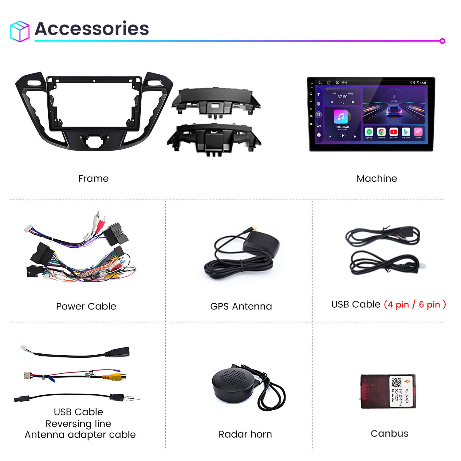 Accessories

- Frame
- Machine
- Power Cable
- GPS Antenna
- USB Cable (4 pin / 6 pin)
- USB Cable
- Reversing line
- Antenna adapter cable
- Radar horn
- Canbus
