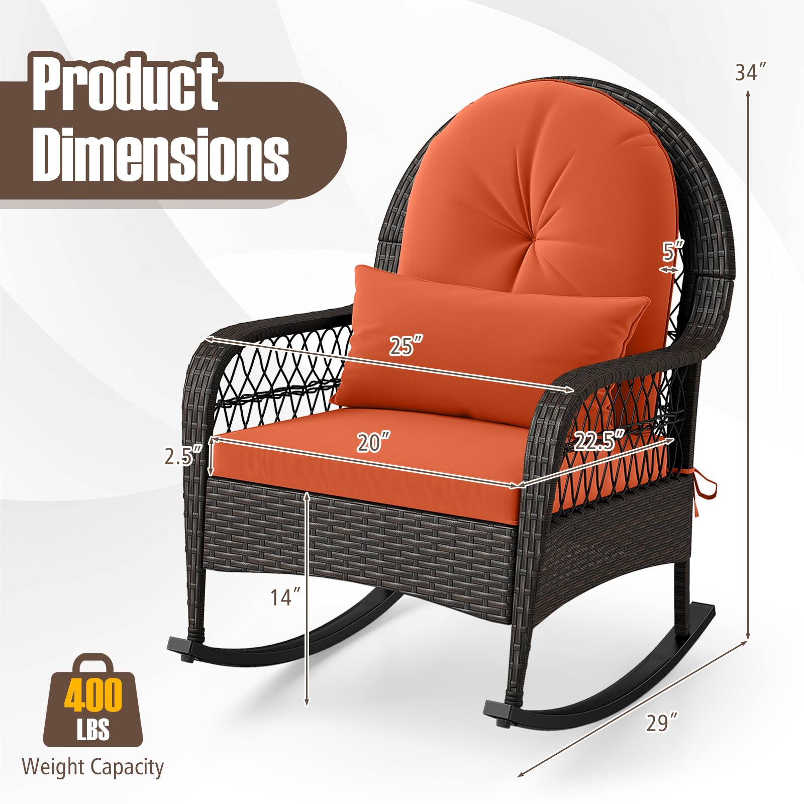 Product Dimensions
- 34"
- 5"
- 25"
- 2.5"
- 20"
- 22.5"
- 14"
- 29"

400 LBS Weight Capacity