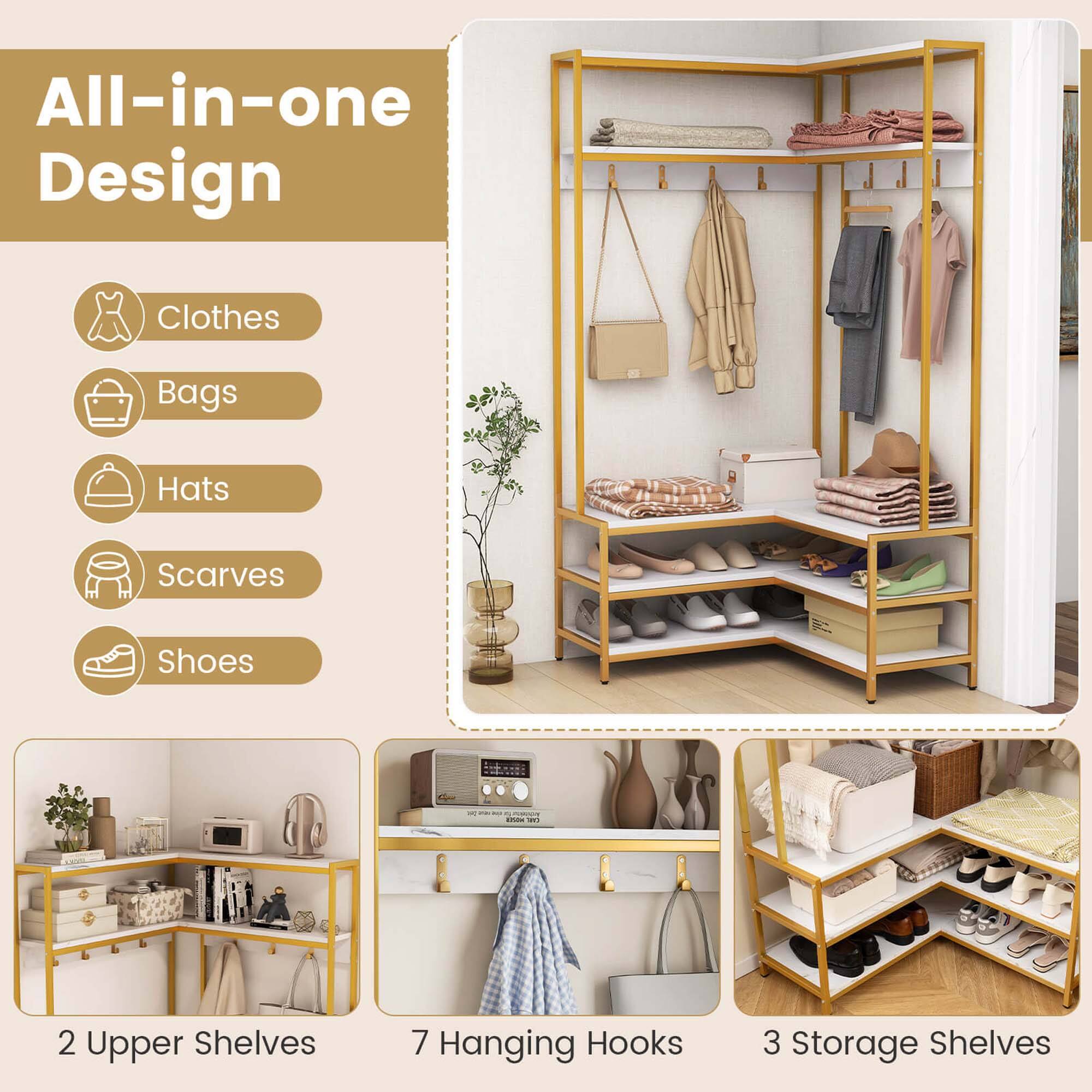 All-in-one Design
Clothes
Bags
Hats
Scarves
Shoes
2 Upper Shelves
7 Hanging Hooks
3 Storage Shelves