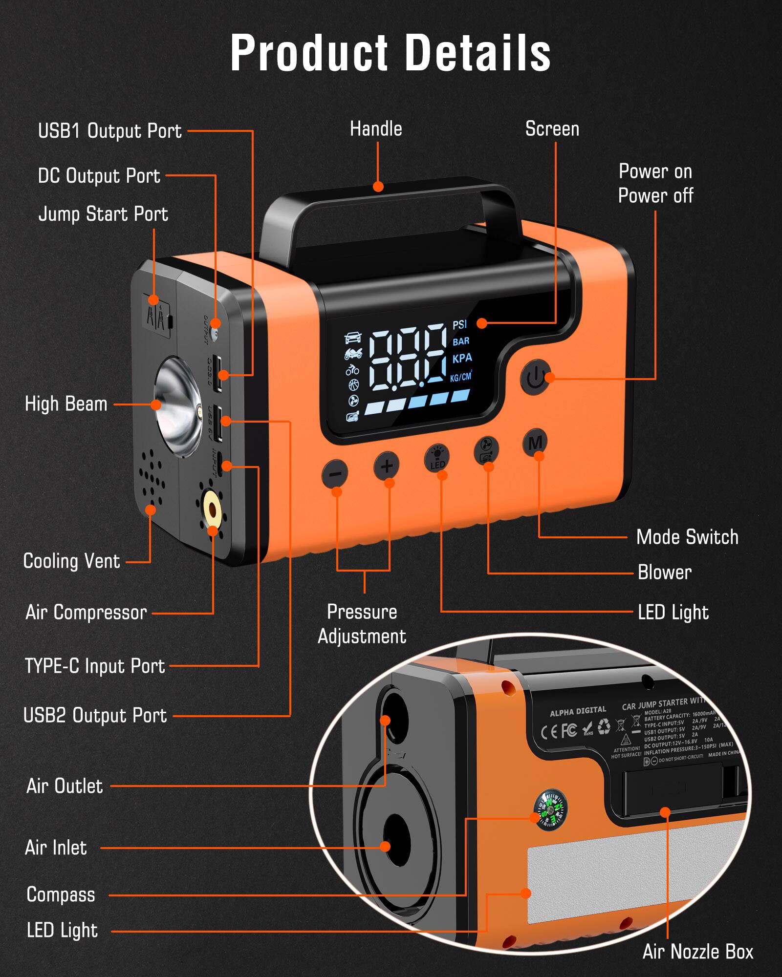 Alpha Digital Car Jump Start, 150PSI Air and Vacuum: 3000A for 8.0