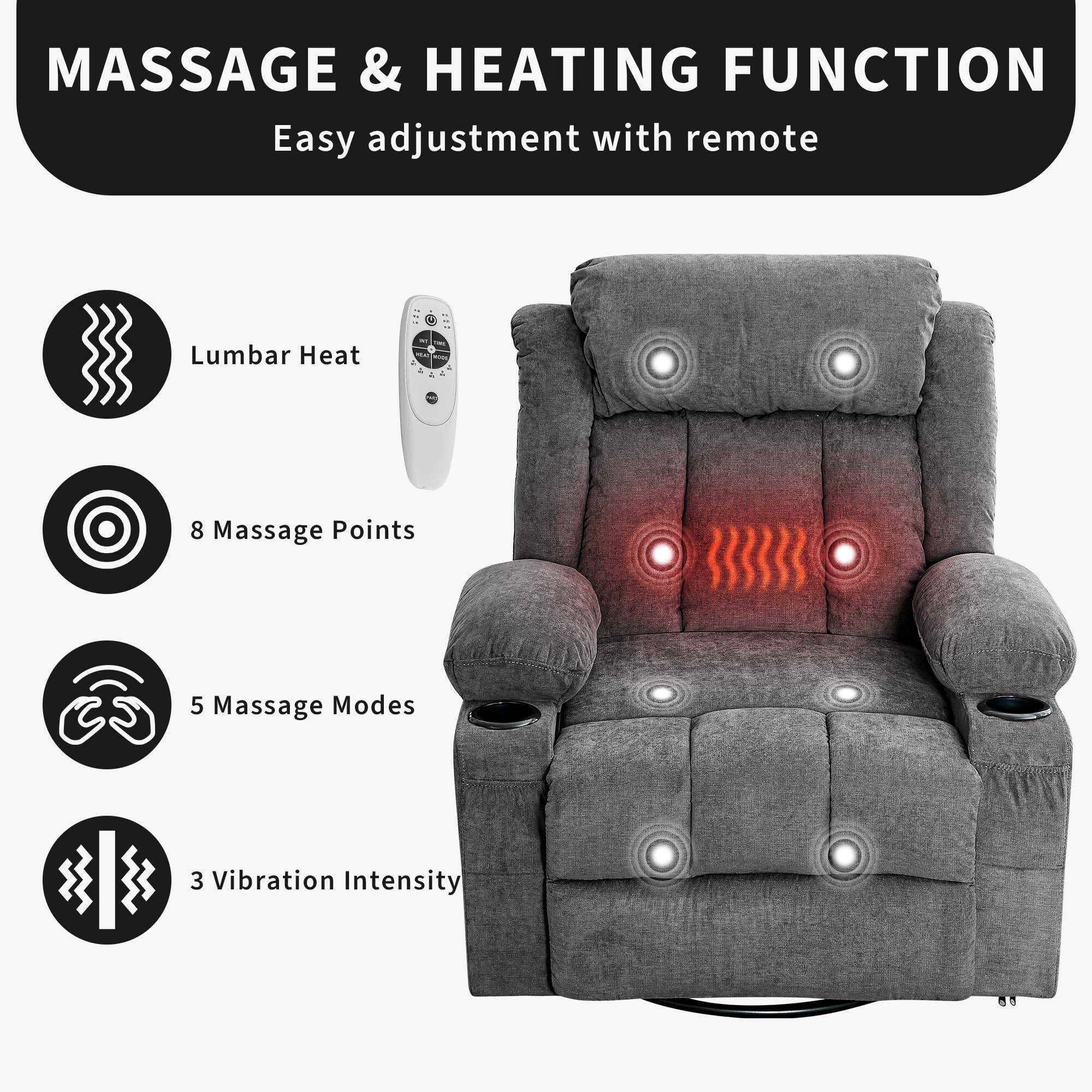 MASSAGE & HEATING FUNCTION  
Easy adjustment with remote  

- Lumbar Heat  
- 8 Massage Points  
- 5 Massage Modes  
- 3 Vibration Intensity