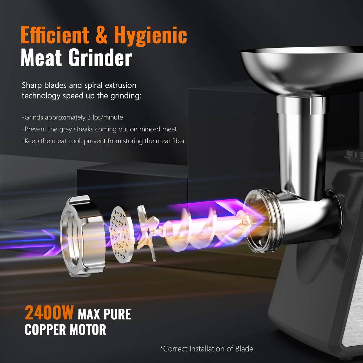 Efficient & Hygienic Meat Grinder

Sharp blades and spiral extrusion technology speed up the grinding:
- Grinds approximately 3 lbs/minute
- Prevent the gray streaks coming out on minced meat
- Keep the meat cool, prevent from storing the meat fiber

2400W MAX PURE COPPER MOTOR

*Correct Installation of Blade