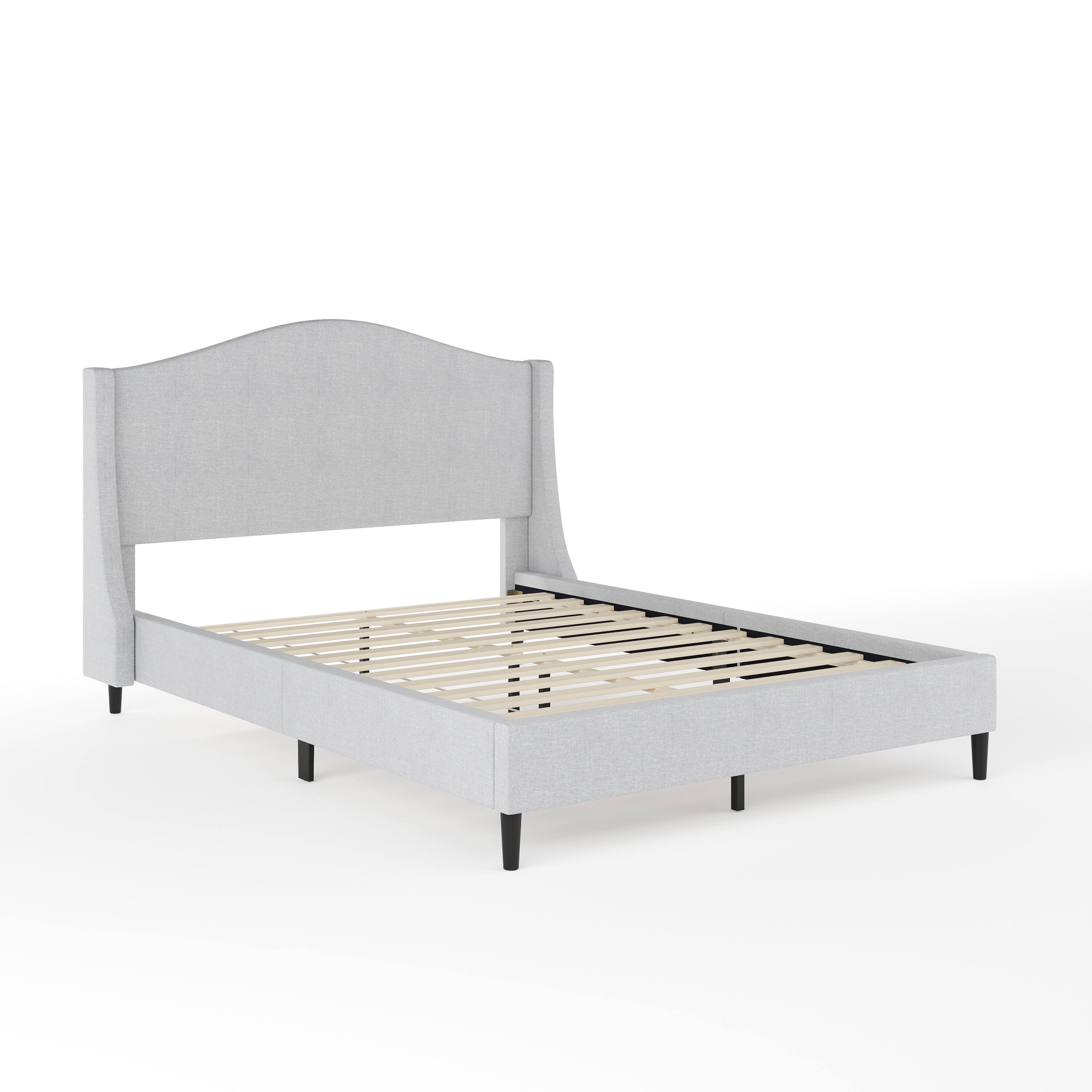 Alt View 11. Martha Stewart - Amelia Faux Linen Upholstered Full Size Platform Bed with Curved Headboard - Gray Fabric/Black Legs.