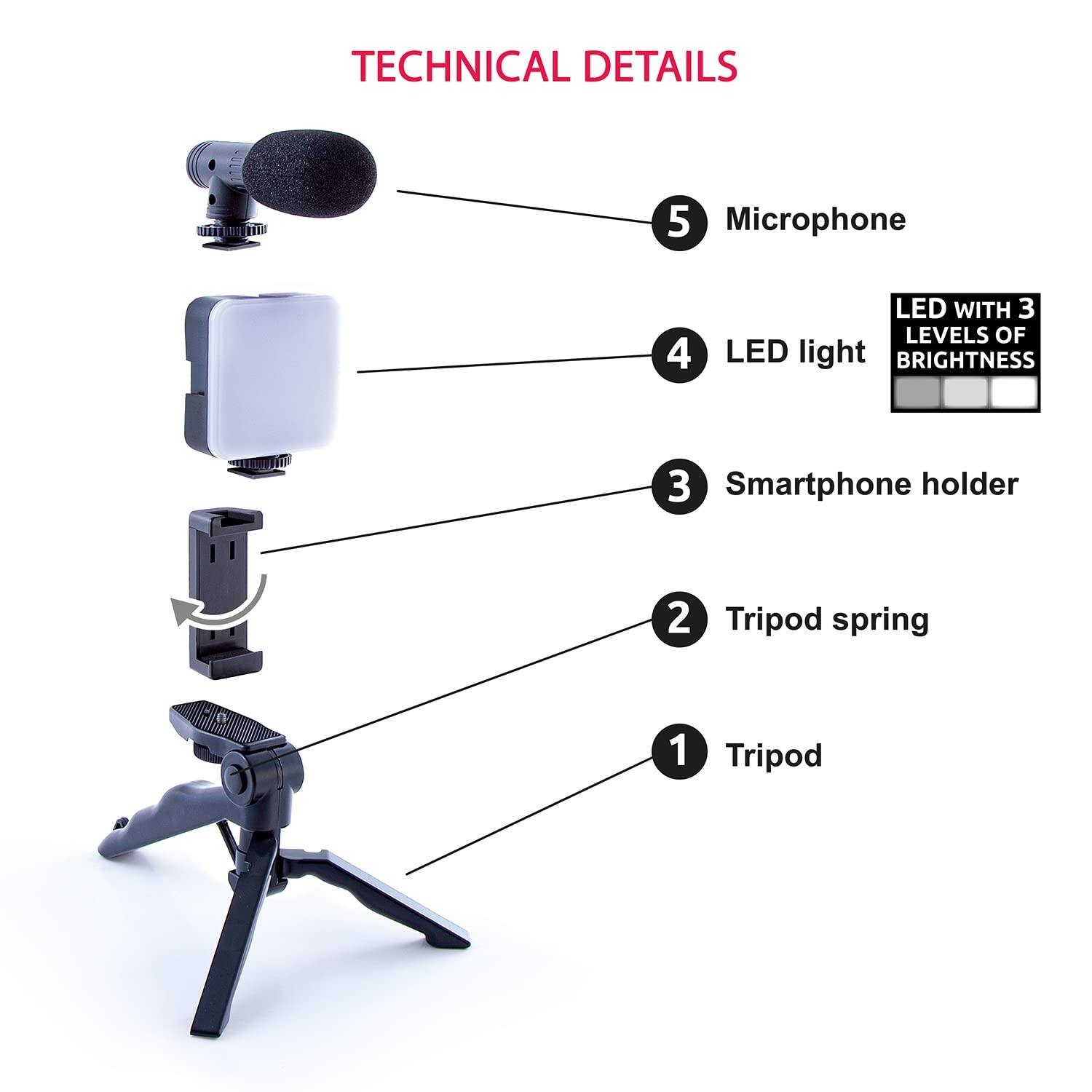 TECHNICAL DETAILS

1. Tripod
2. Tripod spring
3. Smartphone holder
4. LED light with 3 levels of brightness
5. Microphone