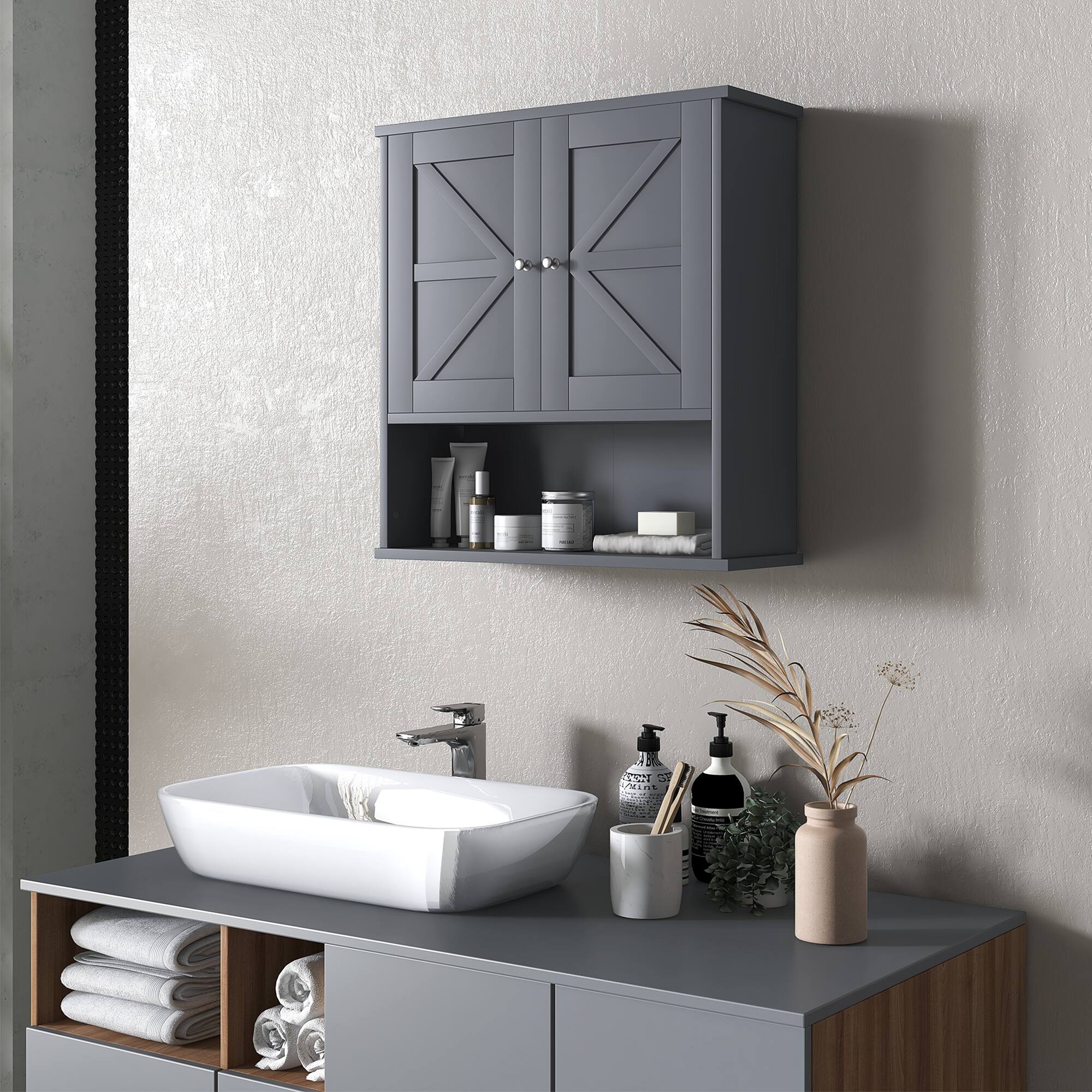 Alt View 1. Kleankin - Farmhouse Bathroom Wall Cabinet, Wall Mounted Medicine Cabinet with Open Shelf & Adjustable Shelf, Storage - Gray.