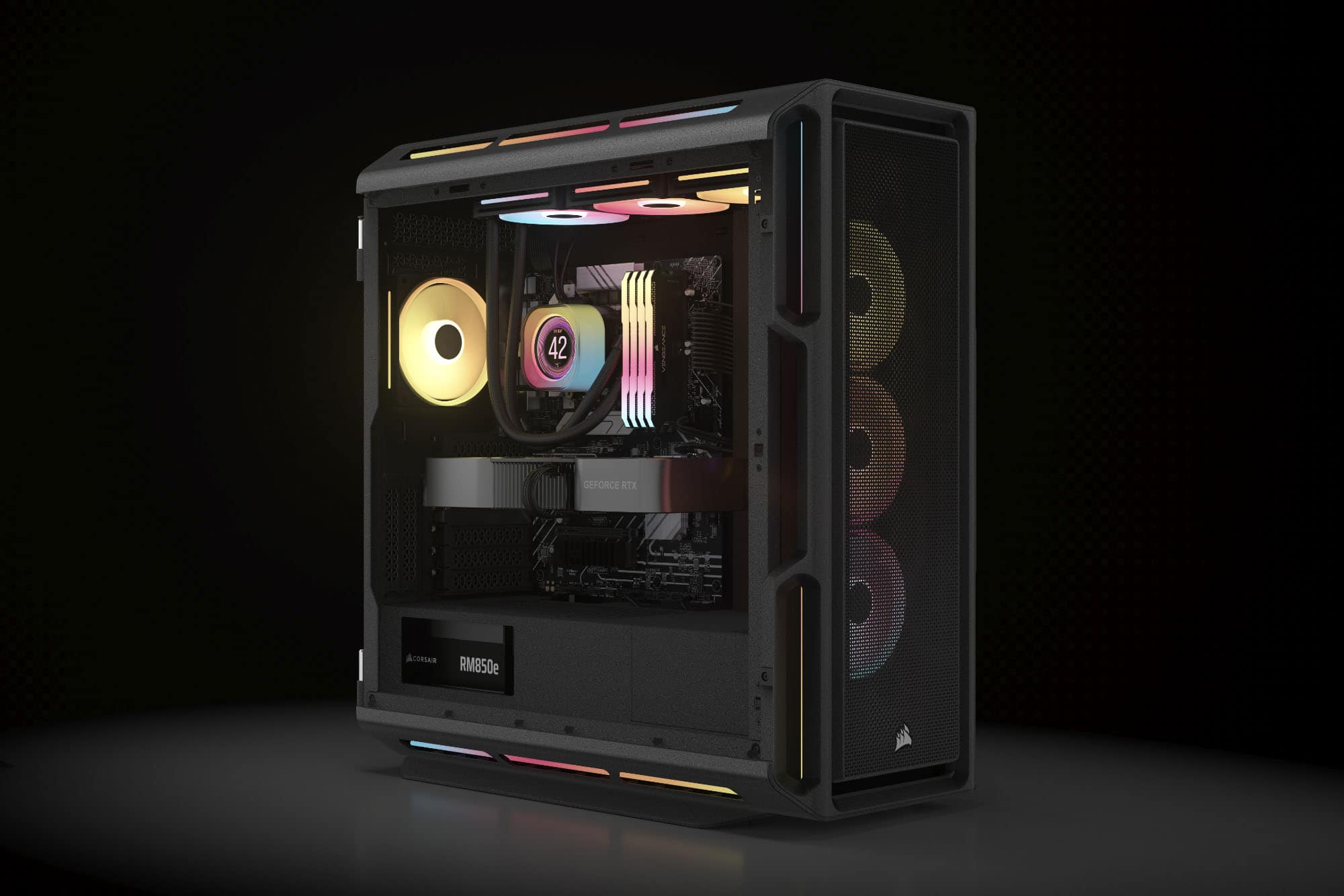 "42 GEFORCE LTX AcoRiam RM850e" is a description of a computer system, specifically a desktop computer. The system is equipped with a GeForce LTX graphics card, which is designed for high-performance gaming and other demanding applications. The RM850e is a power supply unit that provides the necessary power to the computer's components. The combination of these components suggests that the system is built for a high-end gaming experience or other resource-intensive tasks.