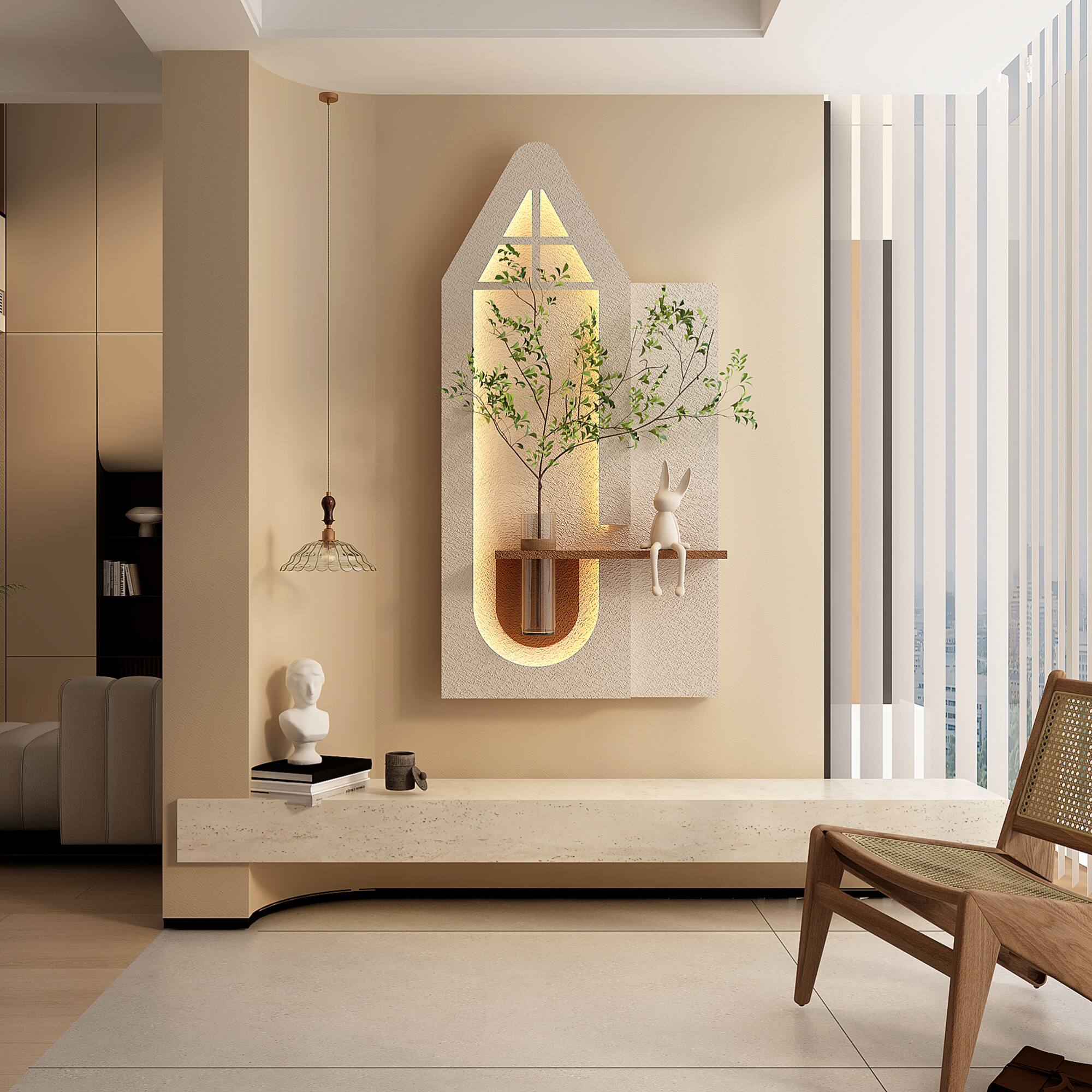 Alt View 9. GOODSILO - Adjustable Multi-Color LED Sandstone Wall Art with Artificial Greenery and Decorative Accents - Light Coffee.