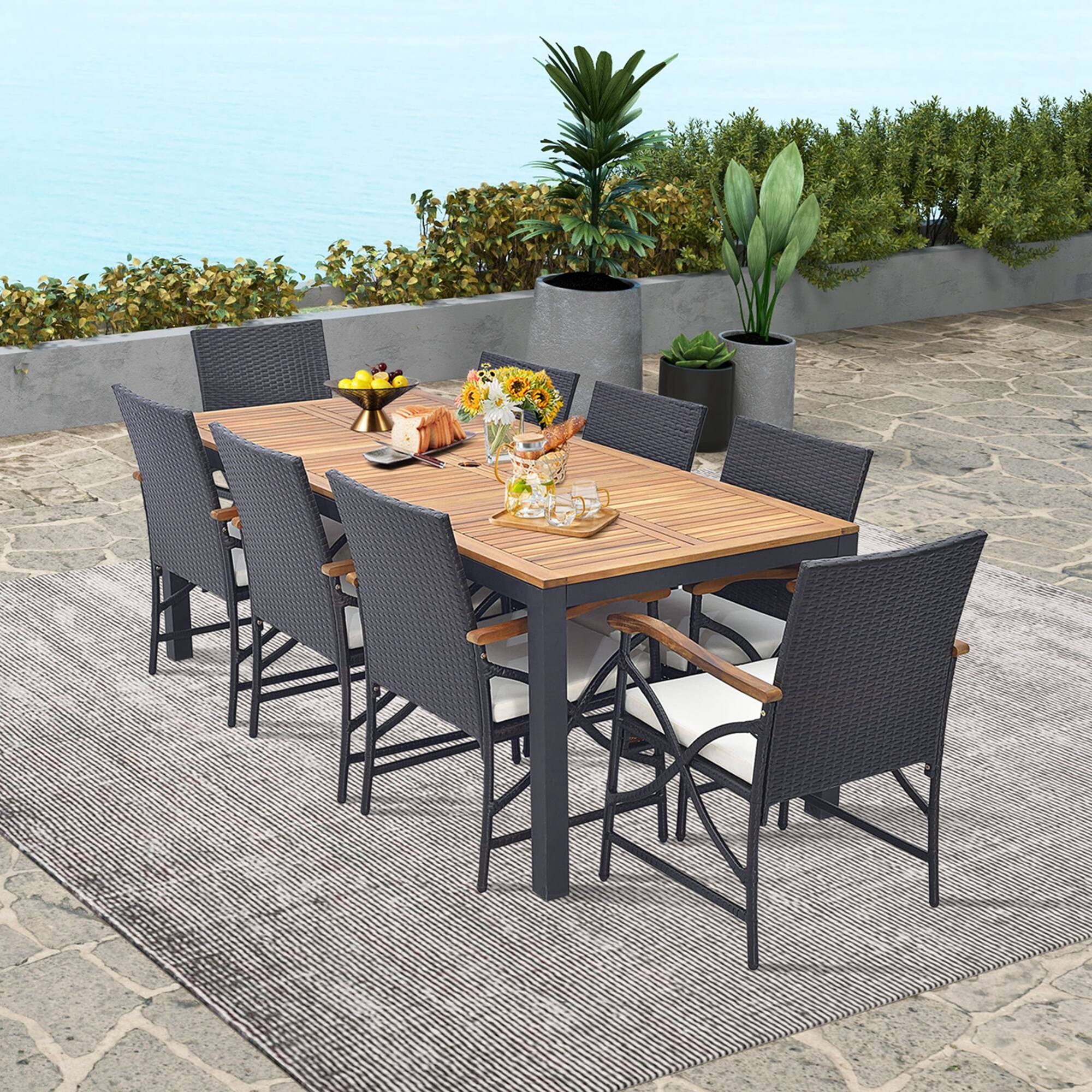 Back. Costway - 9 PCS Patio Rattan Dining Set with Acacia Wood Table, Cushions, 1.9" Umbrella Hole - Mix Brown + Off White.