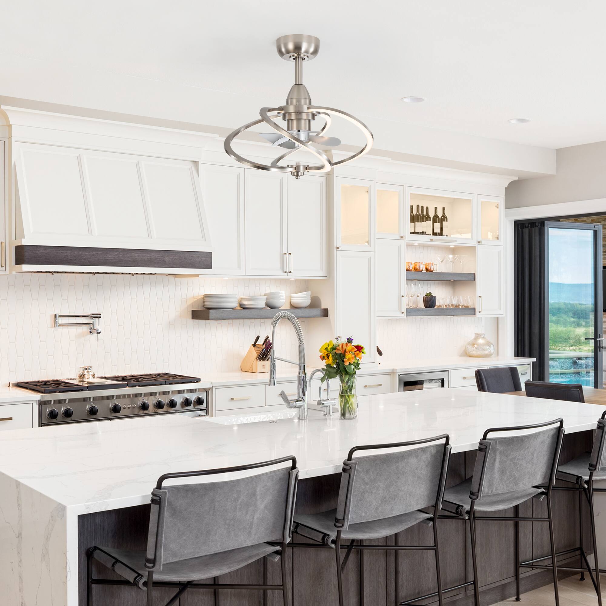 Alt View 2. Breezary - 20-Inch Indoor Gyro Cage Ceiling Fan with Light Kit, 3 ABS Blades, DC Motor, 6-Speed Remote Control, Timer, 6-In Downrod - Satin Nickel and Silver.