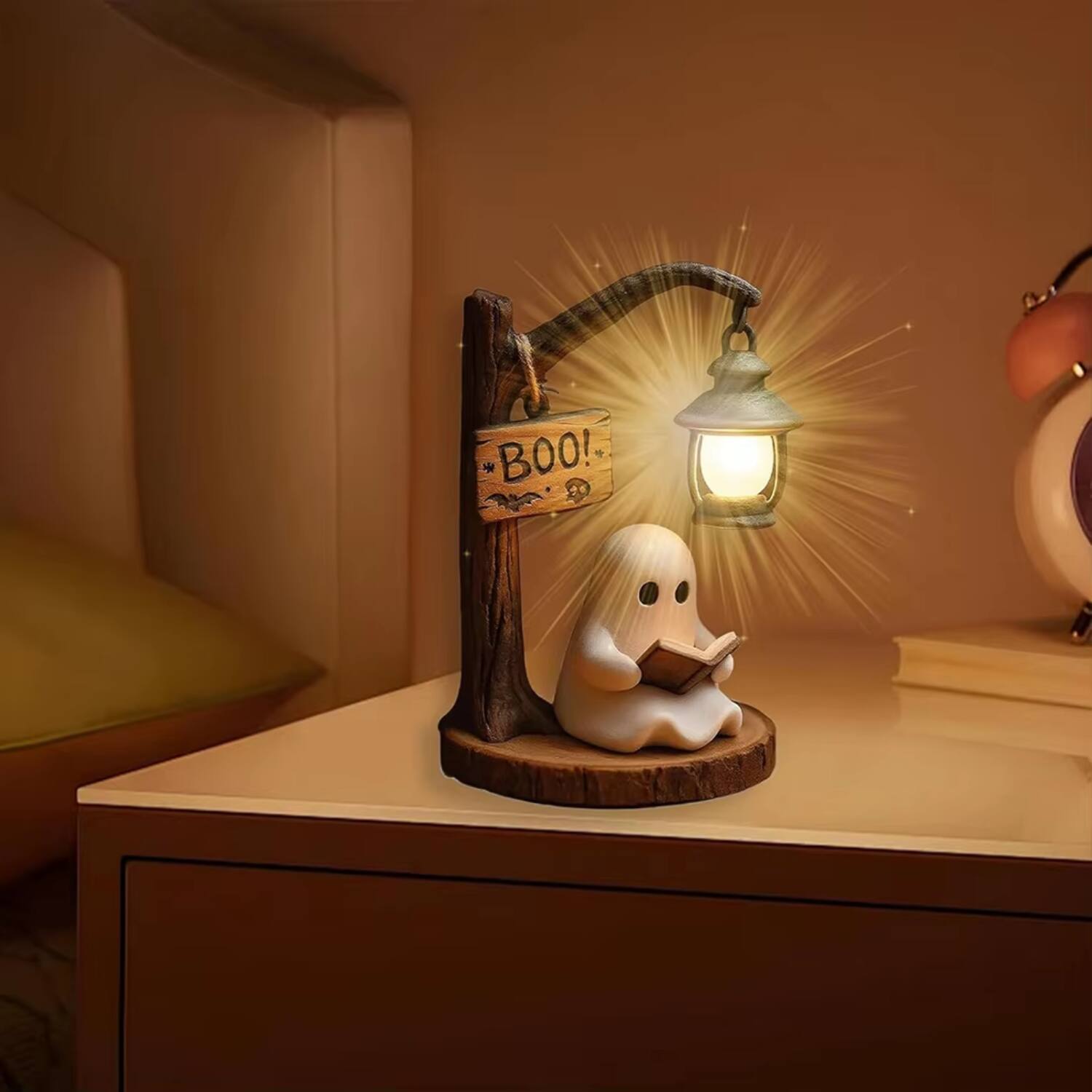 Front. Luckbyte - Halloween Ghost Reading Book 3D LED Night Light Resin Statue Lamp for Home Party Decor.